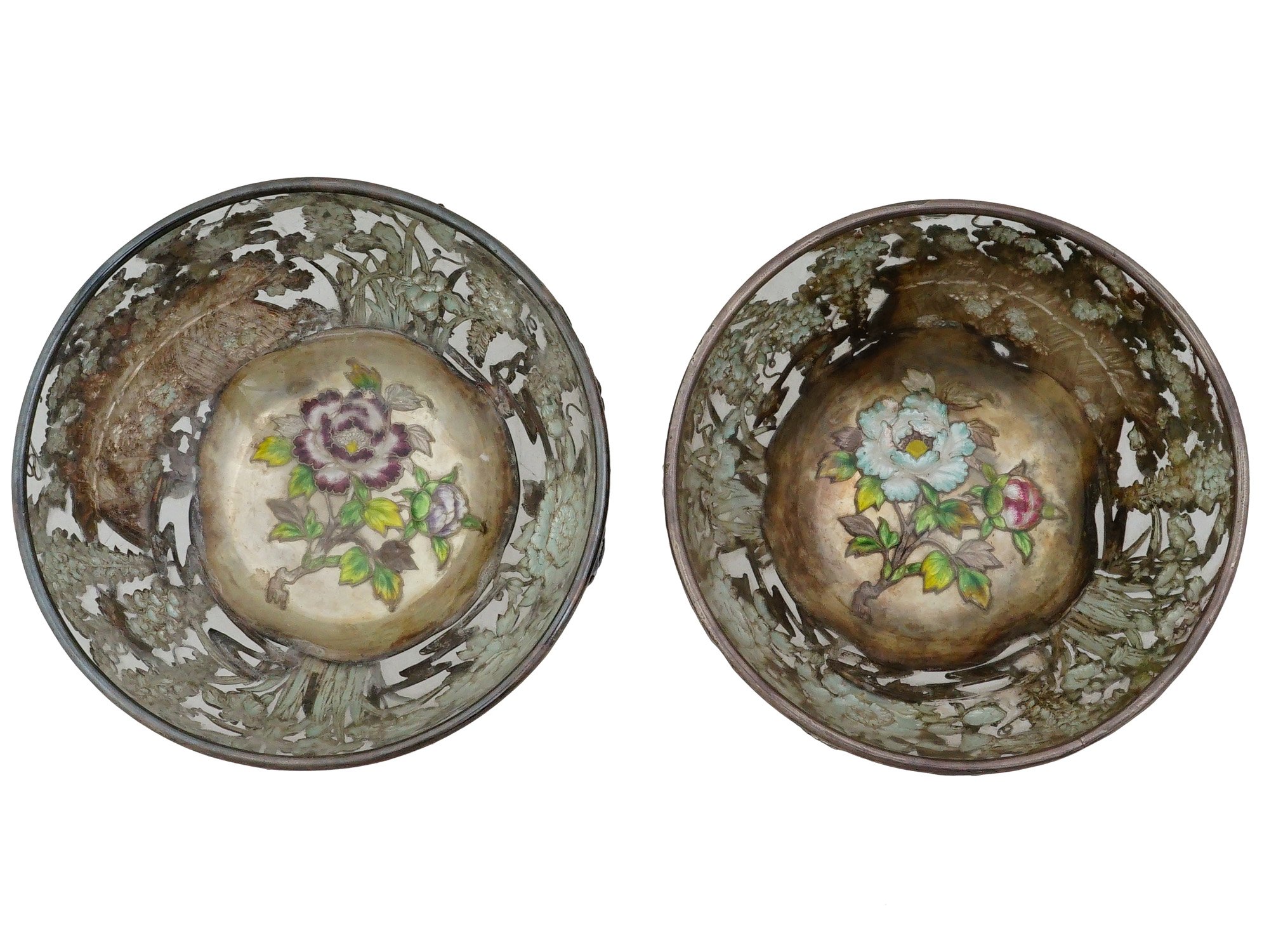 JAPANESE SILVER ENAMEL FLORAL BOWLS PAIR MITSUYUKI HISAYUKI