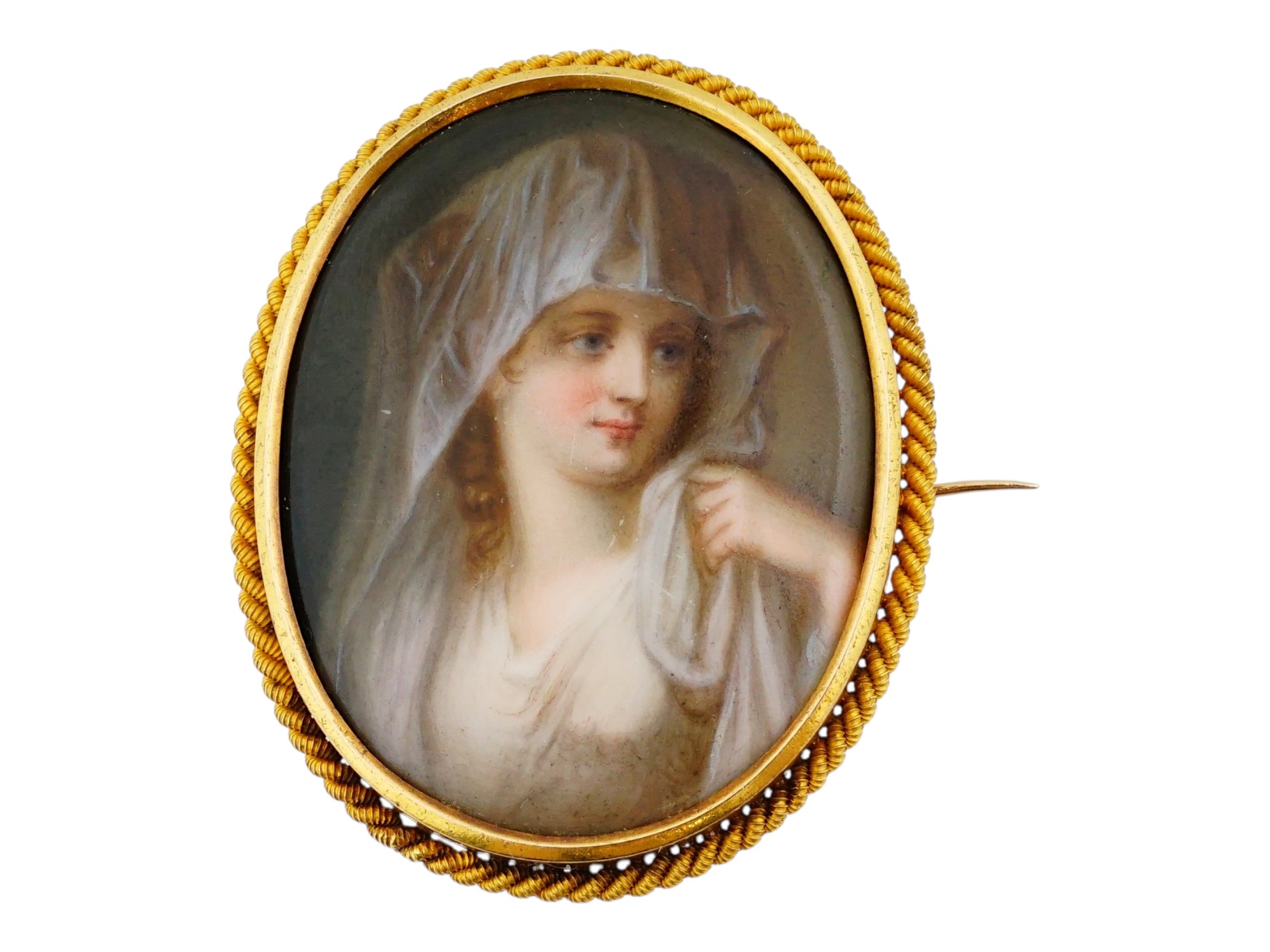 ANTIQUE GOLD PORCELAIN PORTRAIT MINIATURE BROOCH