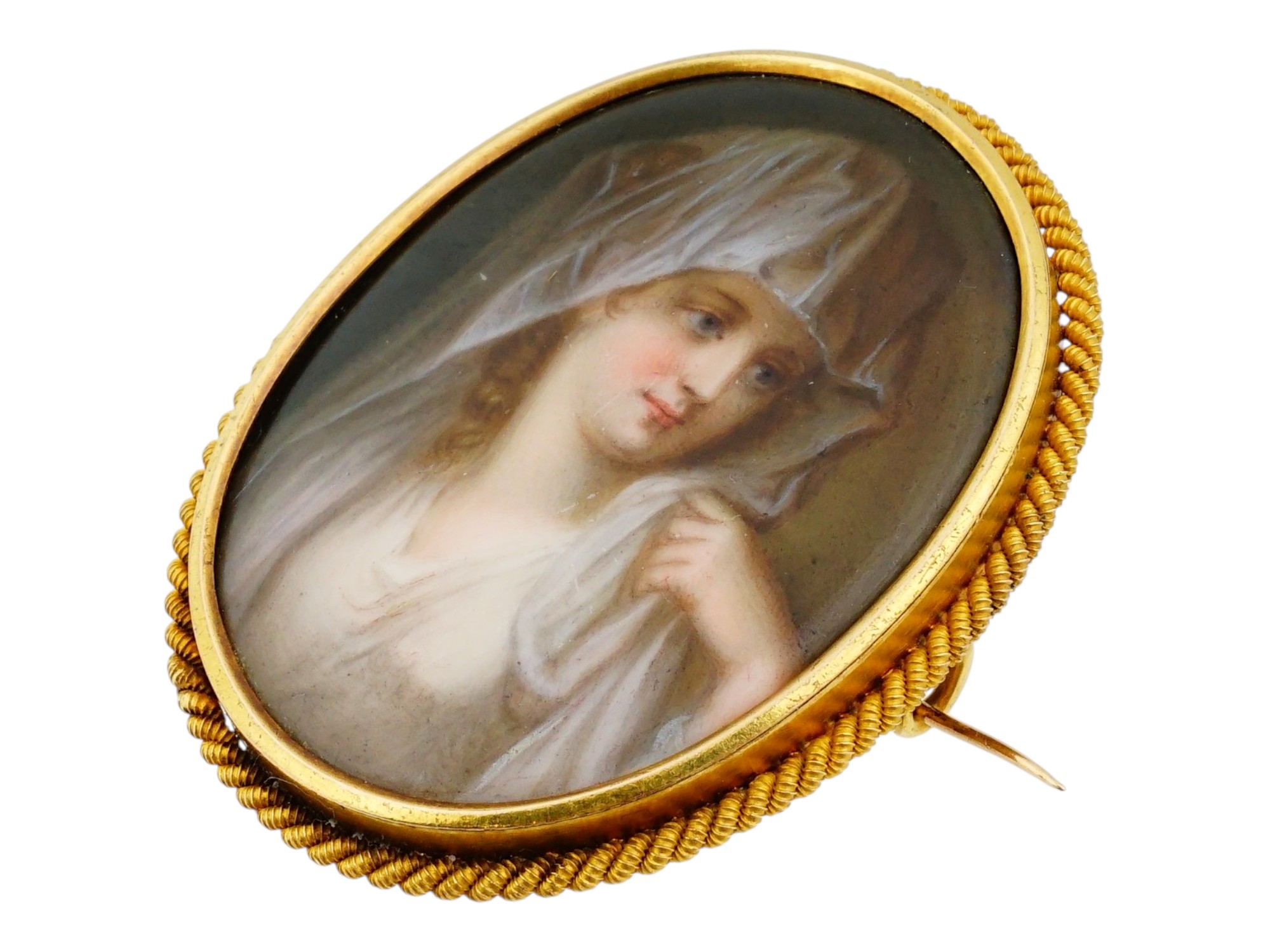 ANTIQUE GOLD PORCELAIN PORTRAIT MINIATURE BROOCH