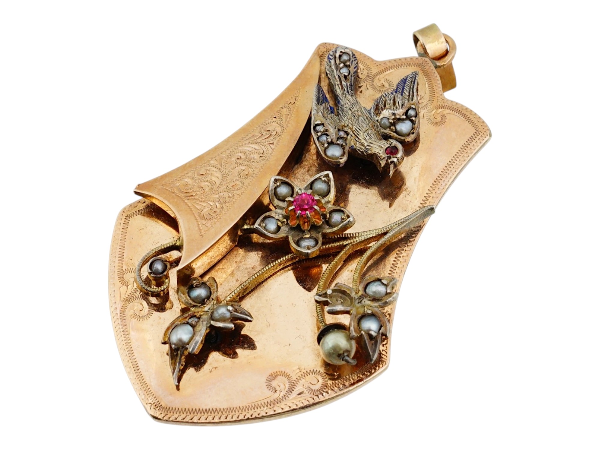 VICTORIAN GOLD SEED PEARL RUBY BIRD LOCKET PENDANT