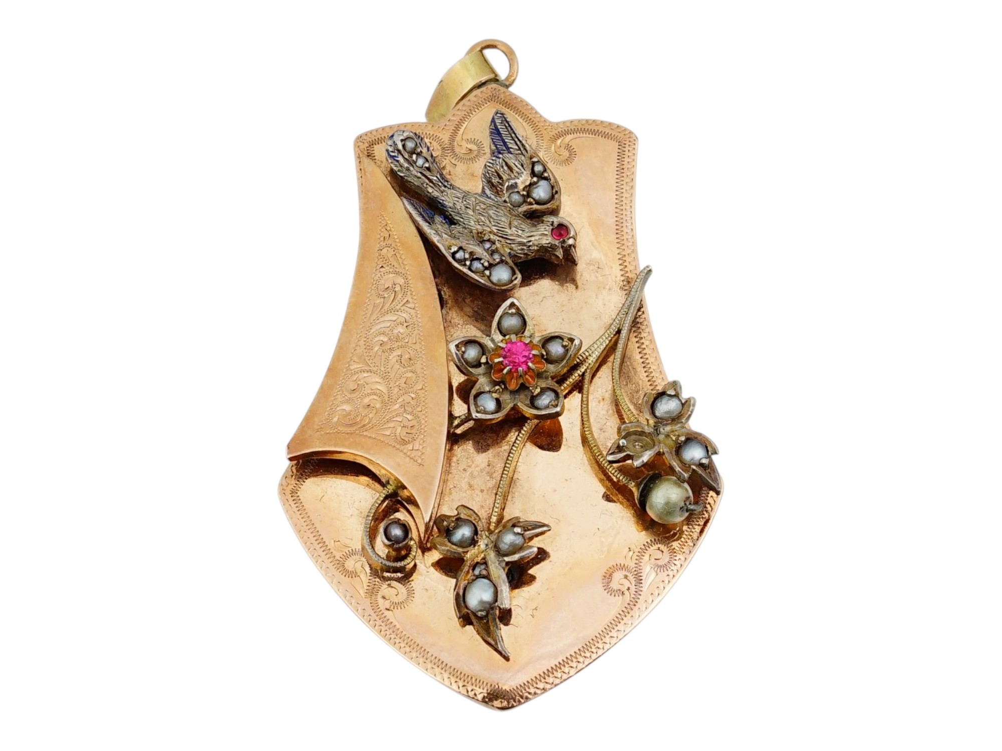 VICTORIAN GOLD SEED PEARL RUBY BIRD LOCKET PENDANT
