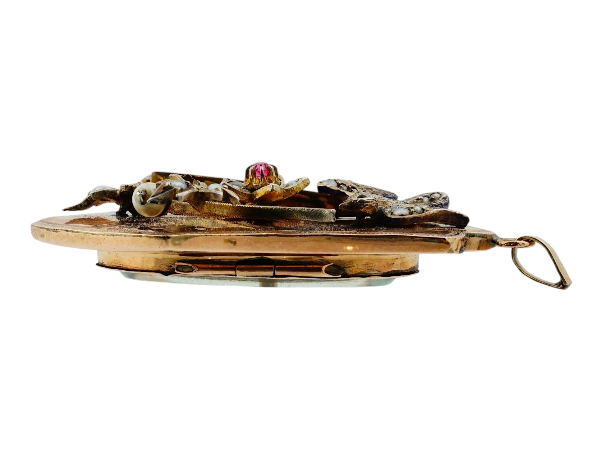 VICTORIAN GOLD SEED PEARL RUBY BIRD LOCKET PENDANT