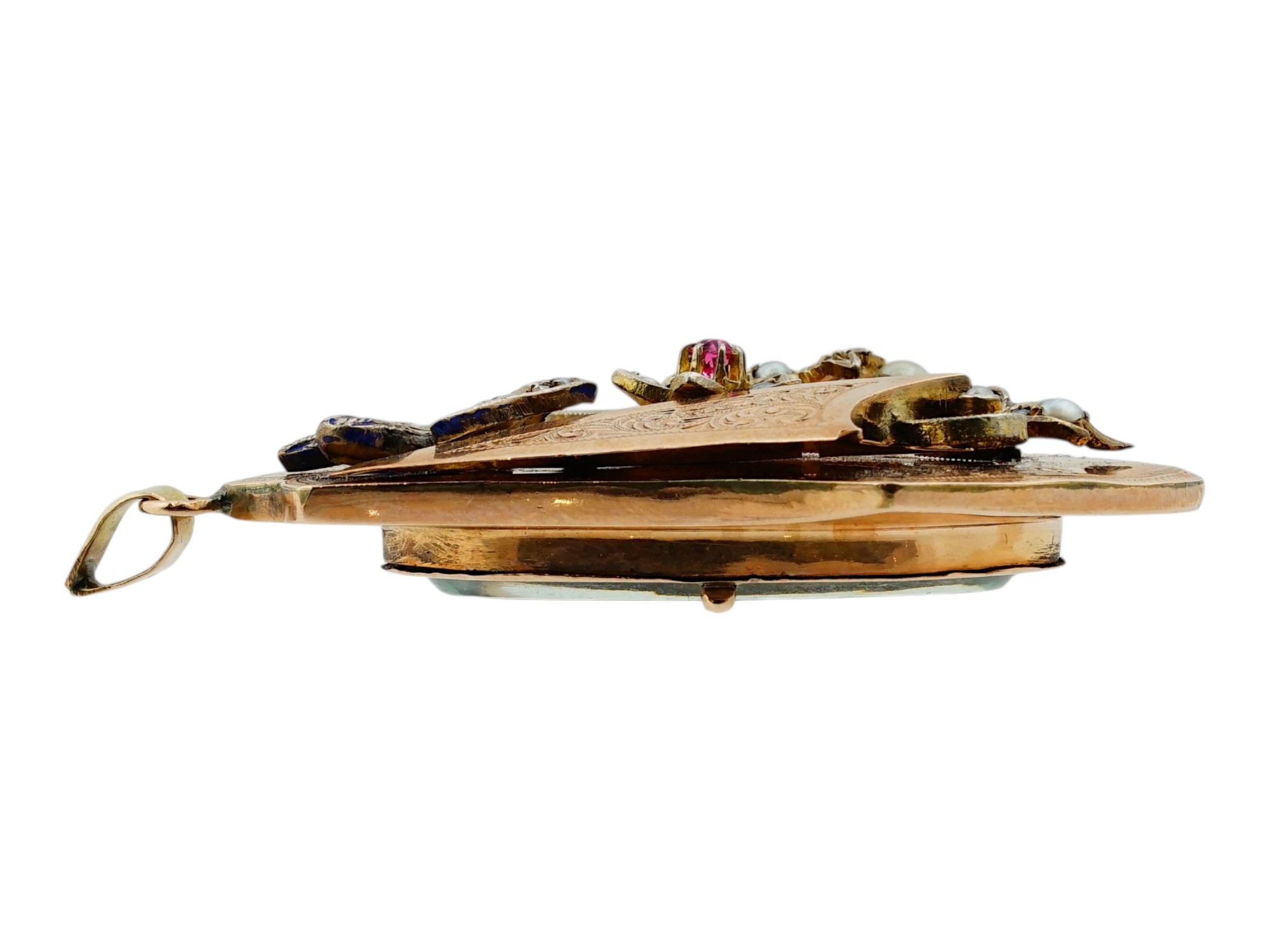 VICTORIAN GOLD SEED PEARL RUBY BIRD LOCKET PENDANT