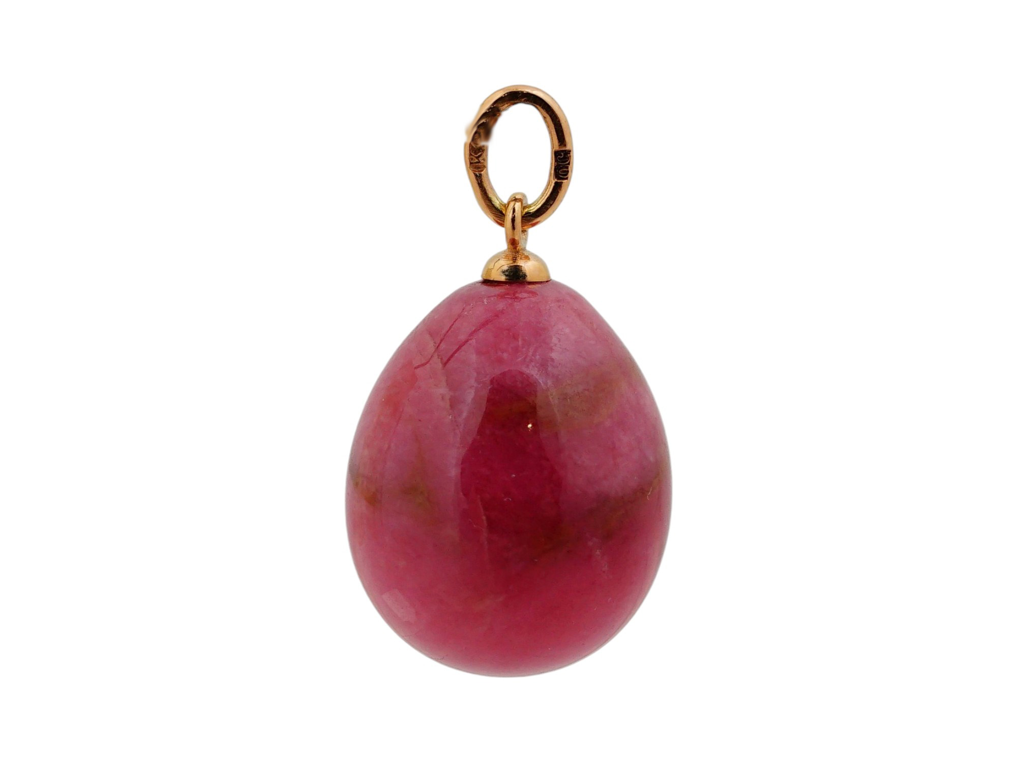 IMPERIAL RUSSIAN 56 GOLD CARVED RHODONITE EGG PENDANT