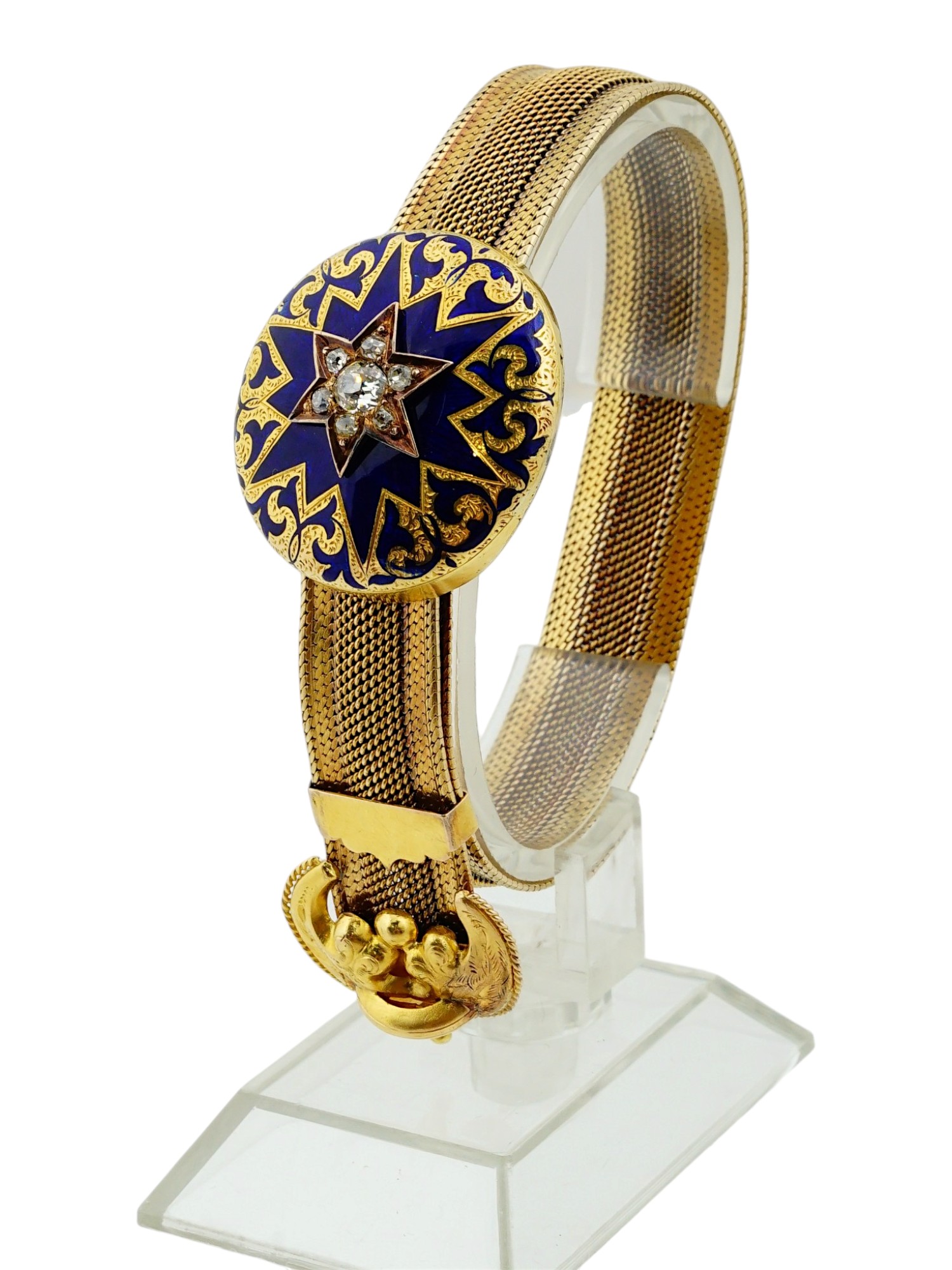 ANTIQUE VICTORIAN 18K GOLD ENAMEL DIAMOND SLIDE BRACELET