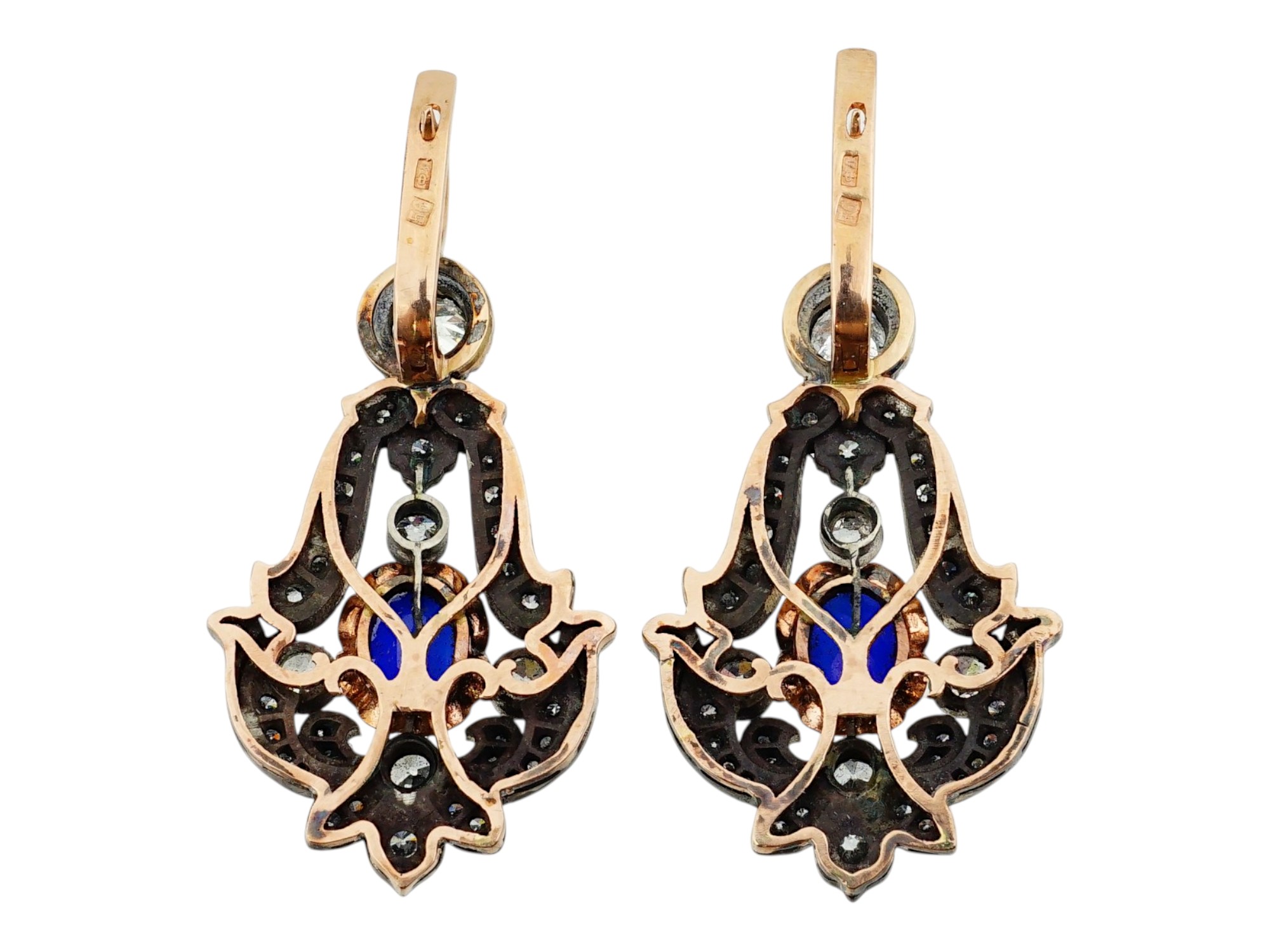 IMPERIAL RUSSIAN LORIE 56 GOLD SAPPHIRE DIAMOND EARRINGS