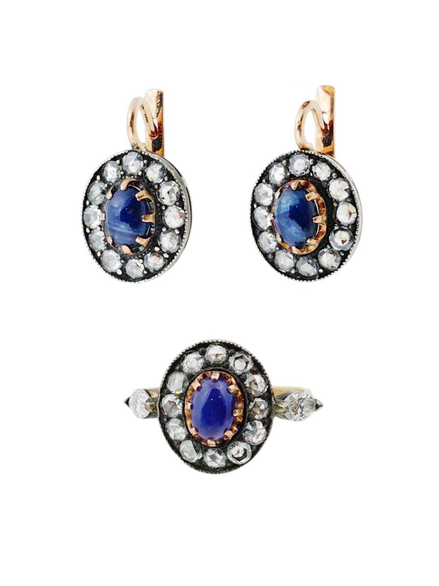 IMPERIAL RUSSIAN GOLD SAPPHIRE DIAMOND SET RING AND EARRINGS