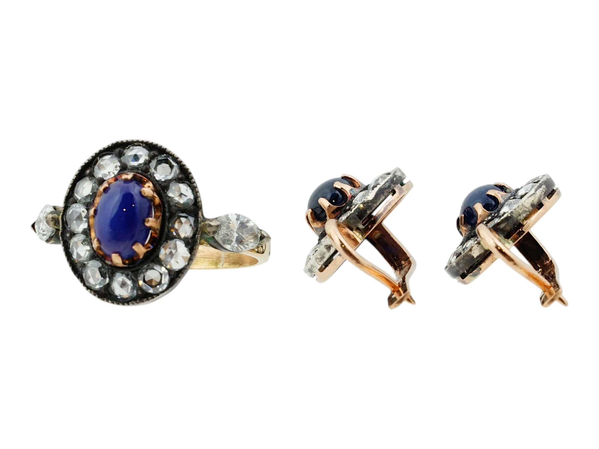 IMPERIAL RUSSIAN GOLD SAPPHIRE DIAMOND SET RING AND EARRINGS