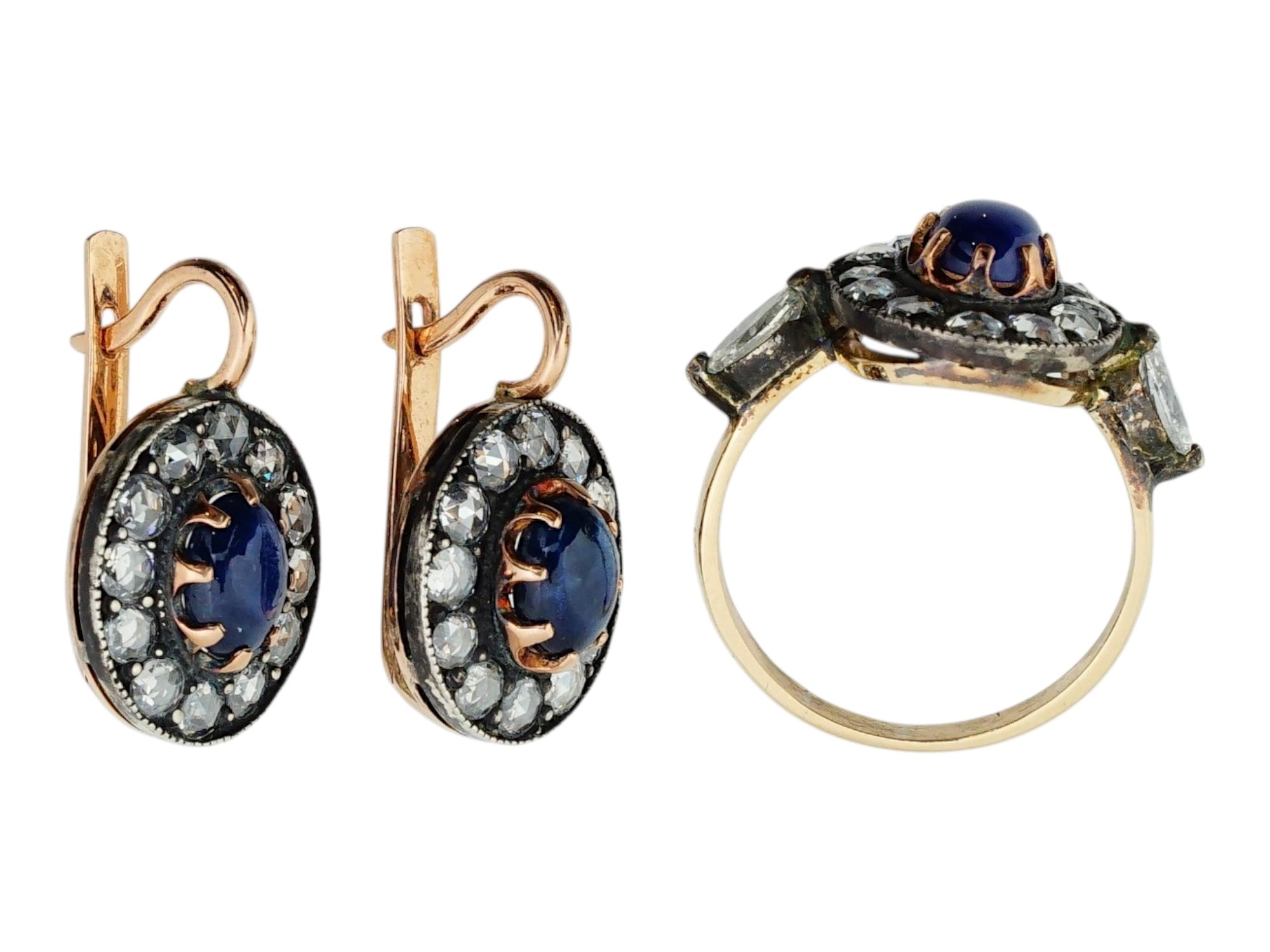 IMPERIAL RUSSIAN GOLD SAPPHIRE DIAMOND SET RING AND EARRINGS