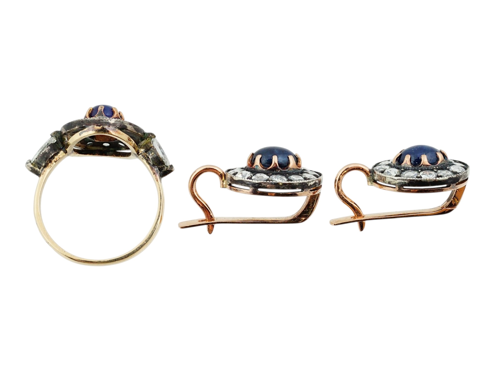 IMPERIAL RUSSIAN GOLD SAPPHIRE DIAMOND SET RING AND EARRINGS