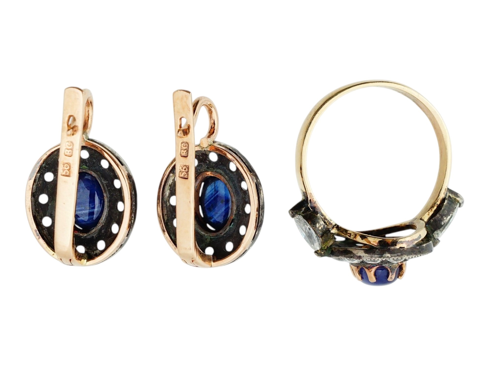 IMPERIAL RUSSIAN GOLD SAPPHIRE DIAMOND SET RING AND EARRINGS