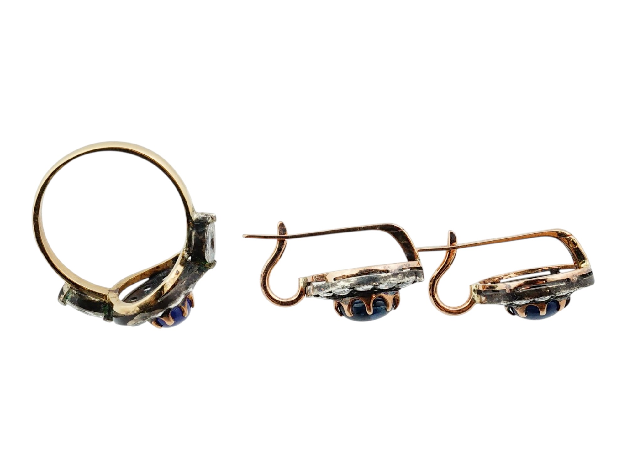 IMPERIAL RUSSIAN GOLD SAPPHIRE DIAMOND SET RING AND EARRINGS