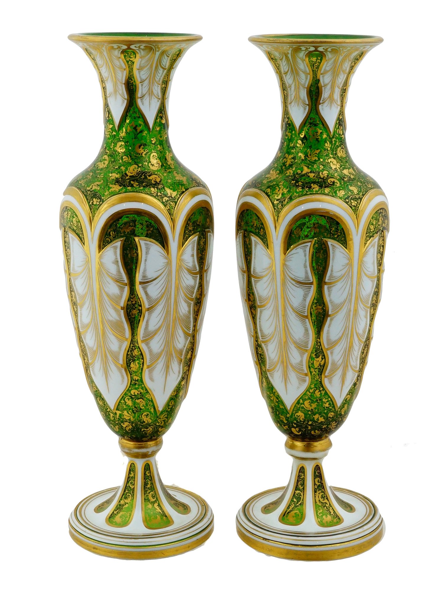 PAIR OF ANTIQUE BOHEMIAN GILDED GREEN GLASS VASES