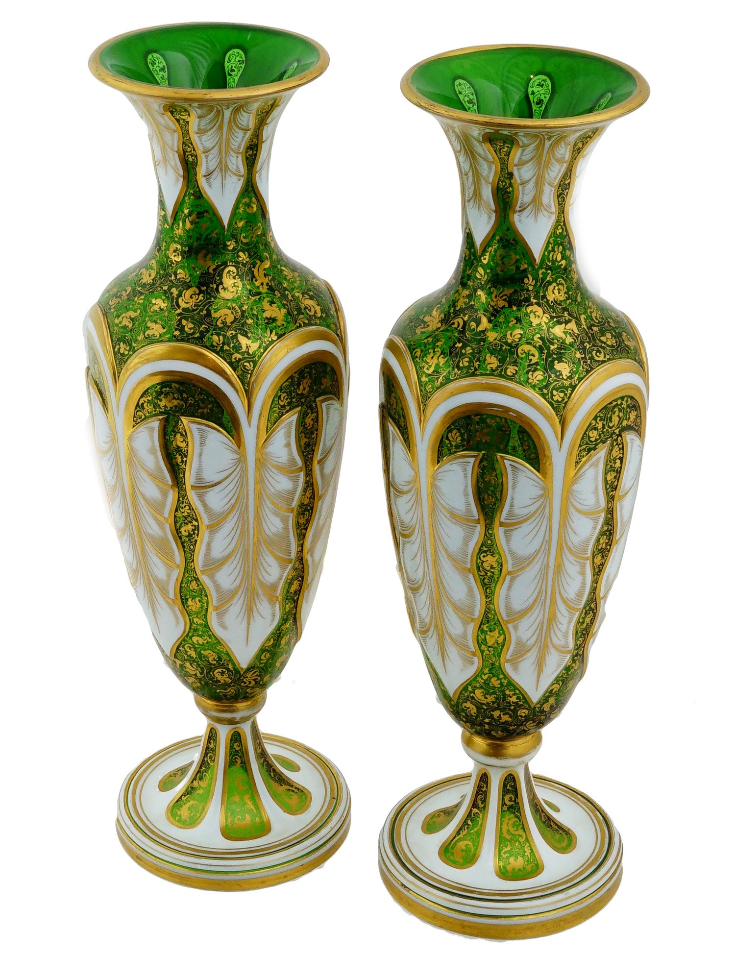 PAIR OF ANTIQUE BOHEMIAN GILDED GREEN GLASS VASES