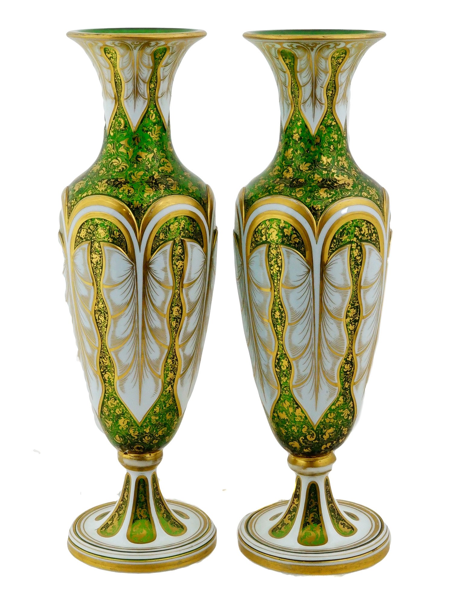 PAIR OF ANTIQUE BOHEMIAN GILDED GREEN GLASS VASES