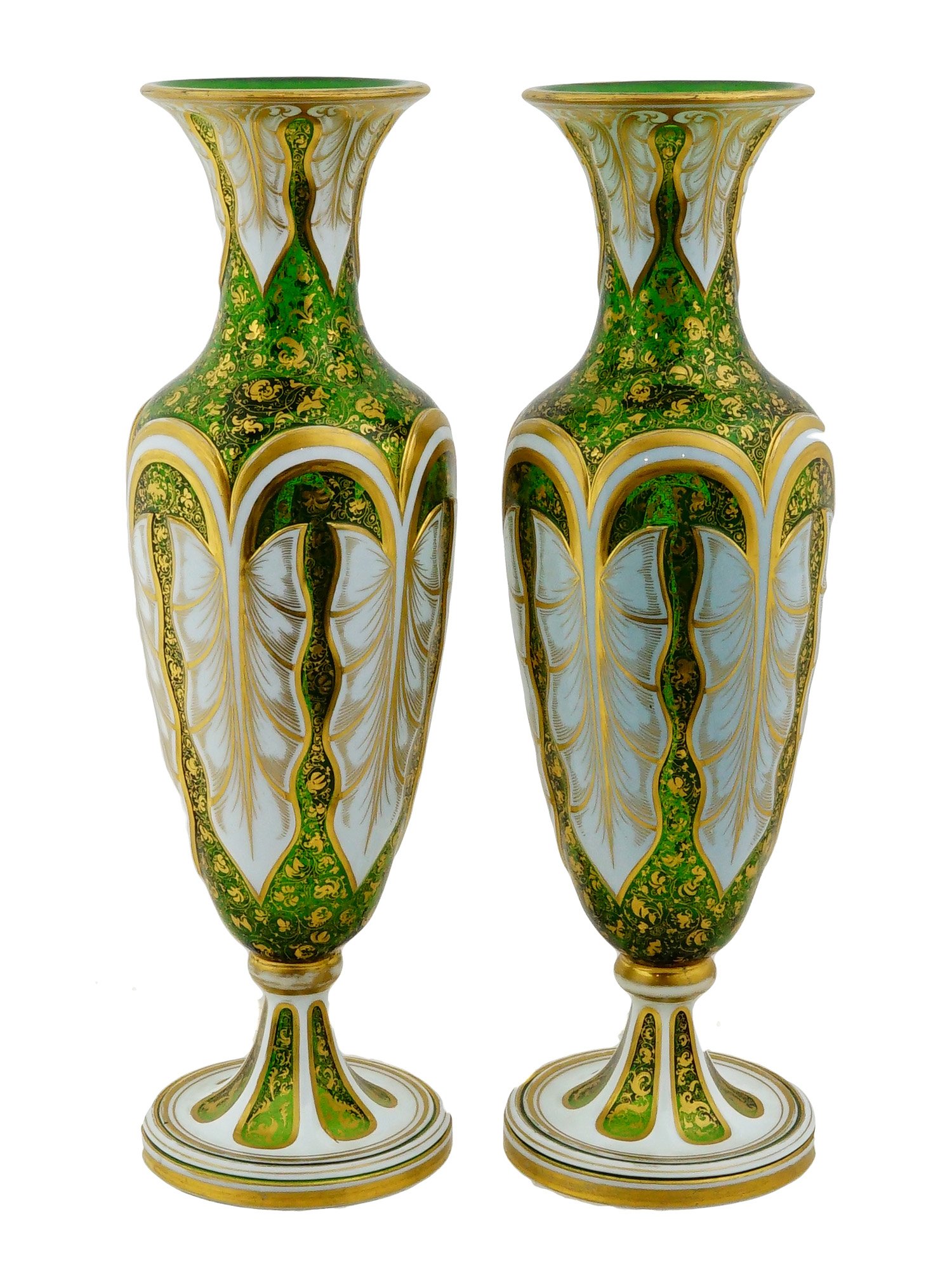PAIR OF ANTIQUE BOHEMIAN GILDED GREEN GLASS VASES