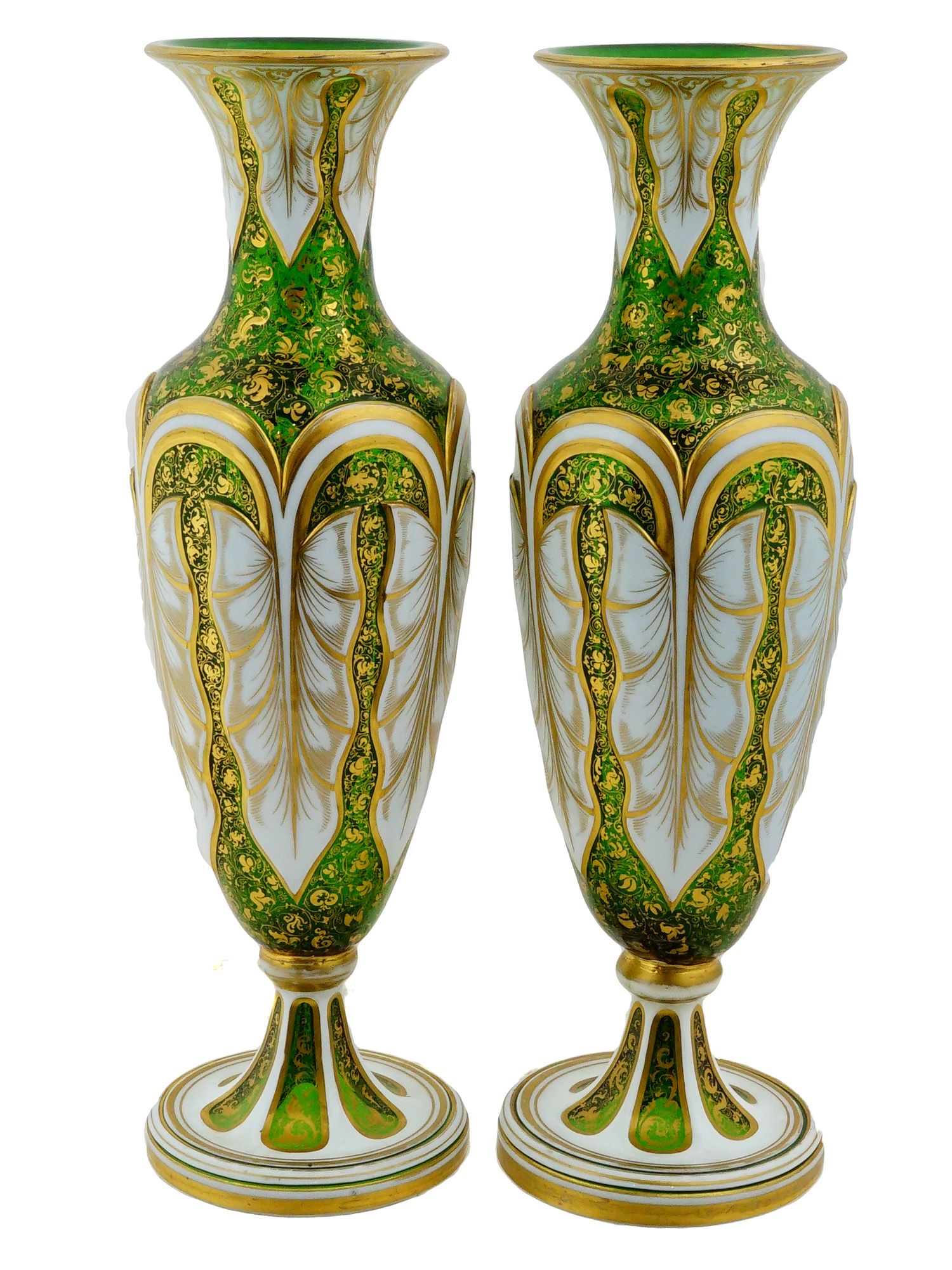 PAIR OF ANTIQUE BOHEMIAN GILDED GREEN GLASS VASES