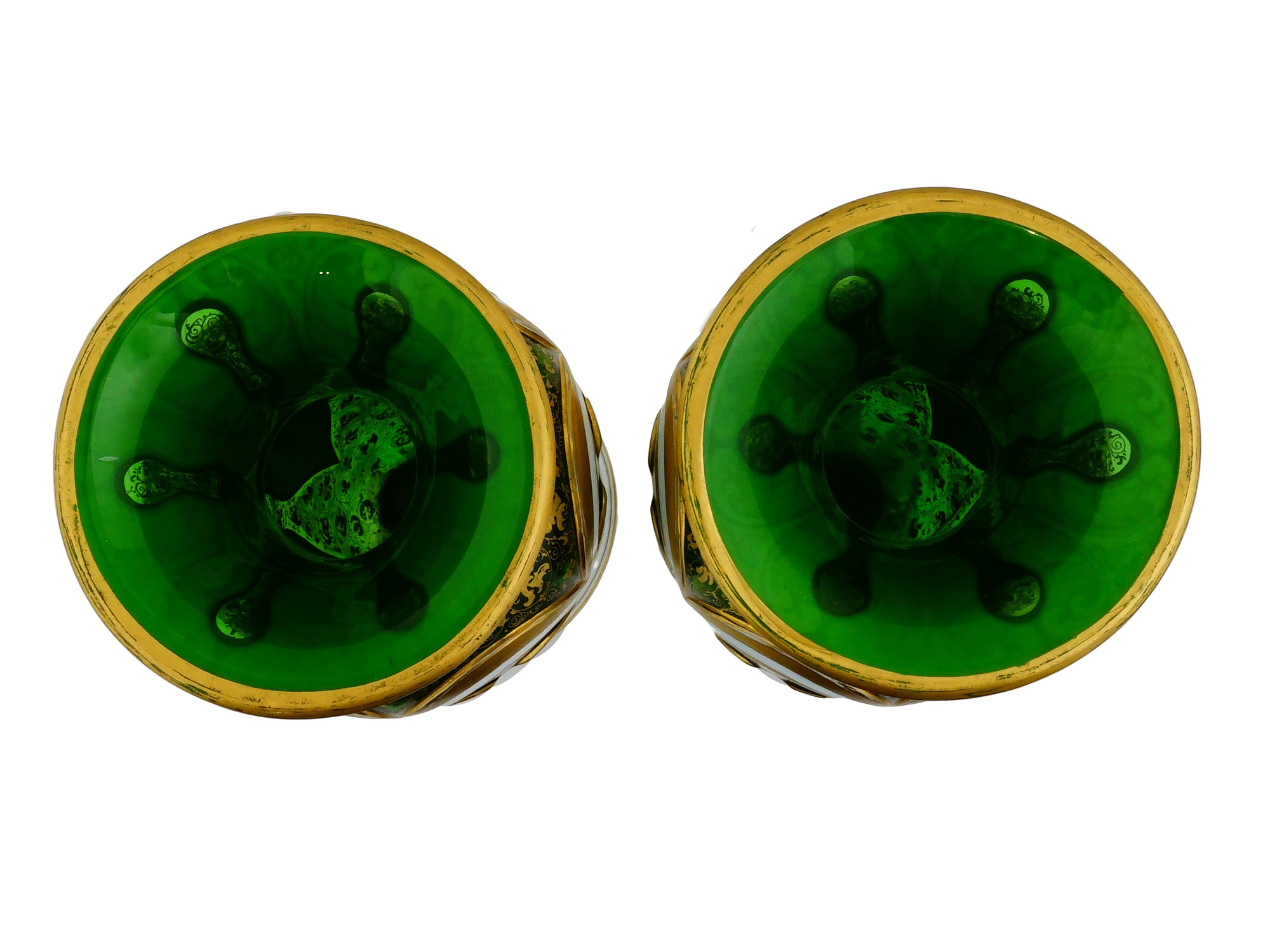 PAIR OF ANTIQUE BOHEMIAN GILDED GREEN GLASS VASES