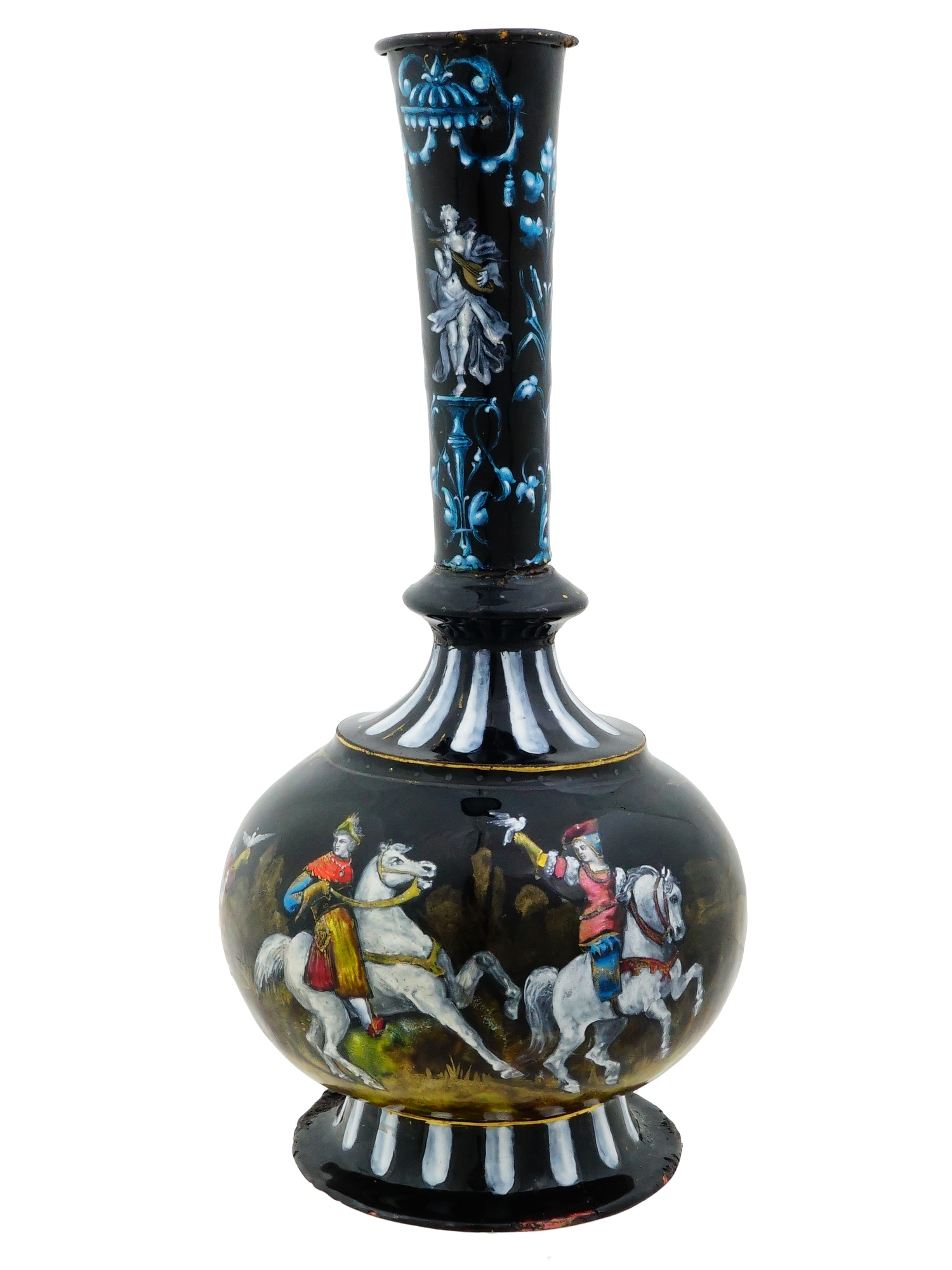 ANTIQUE FRENCH LIMOGES ENAMEL HUNTING SCENE VASE