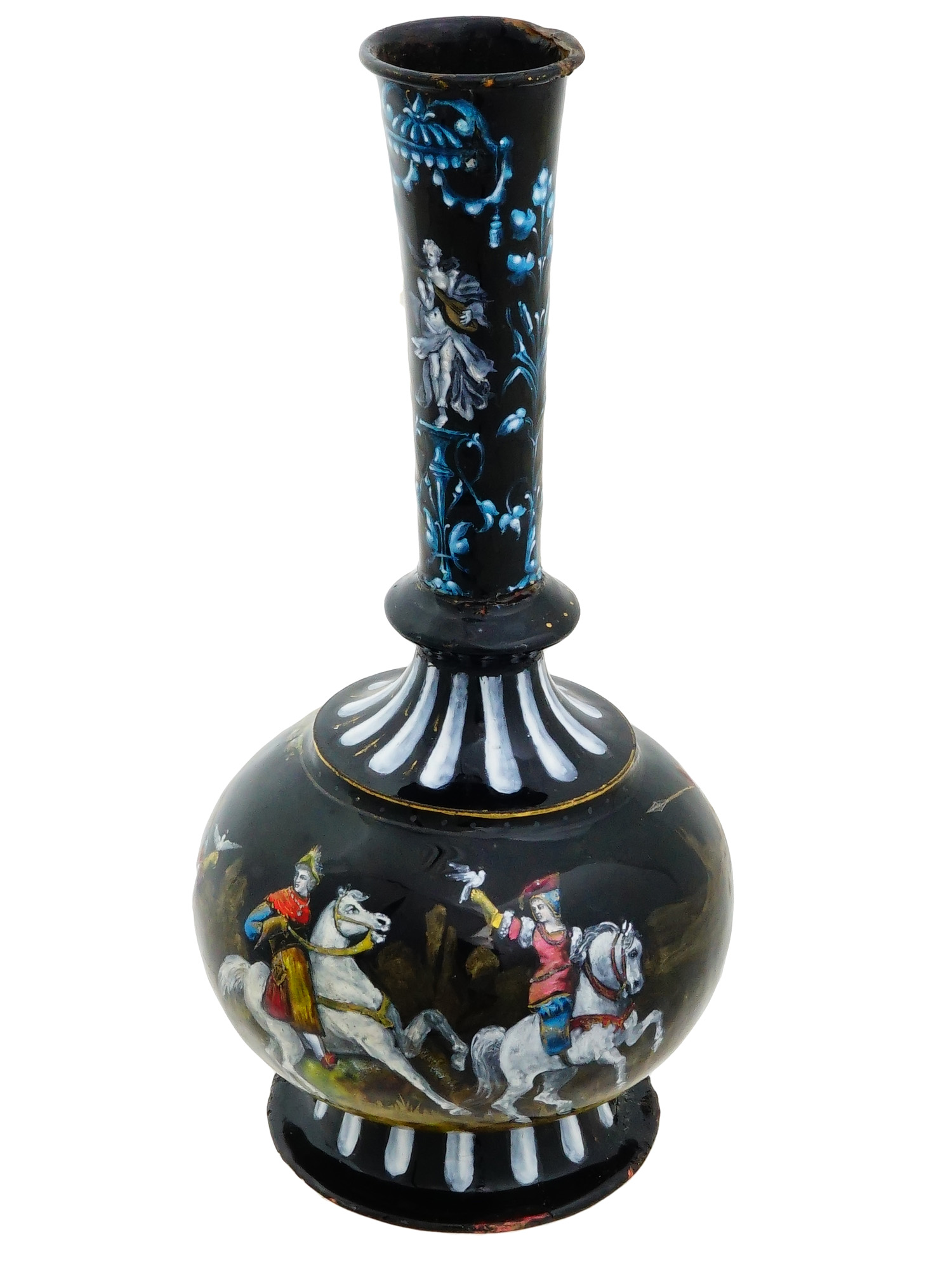 ANTIQUE FRENCH LIMOGES ENAMEL HUNTING SCENE VASE