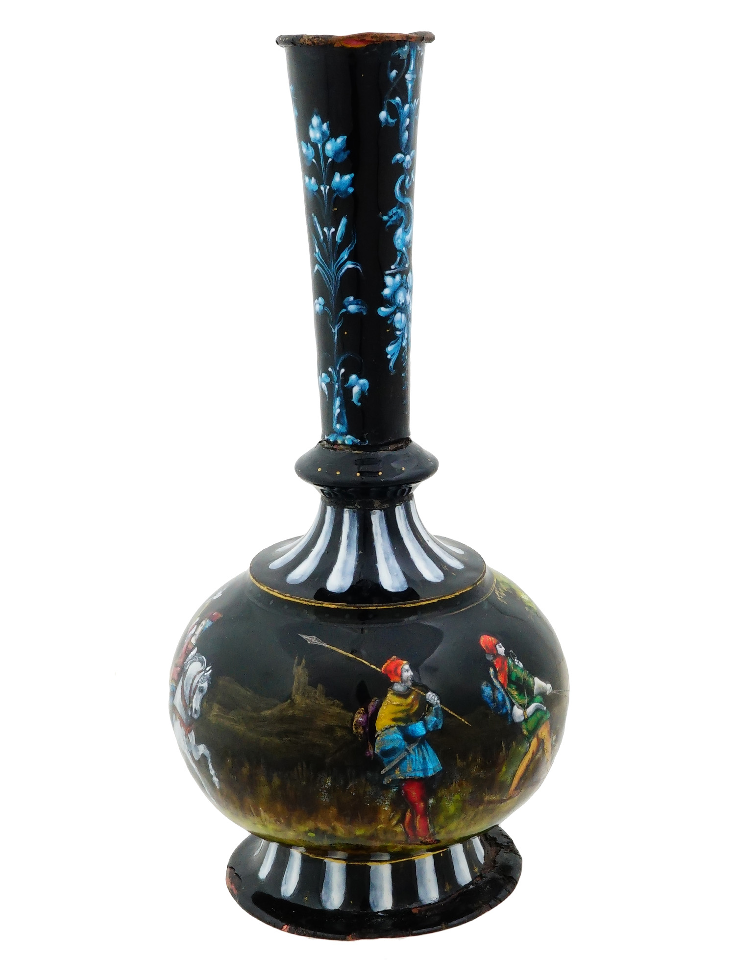ANTIQUE FRENCH LIMOGES ENAMEL HUNTING SCENE VASE