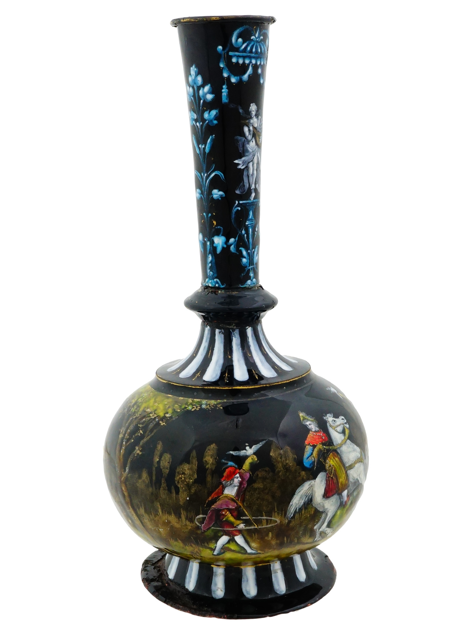 ANTIQUE FRENCH LIMOGES ENAMEL HUNTING SCENE VASE