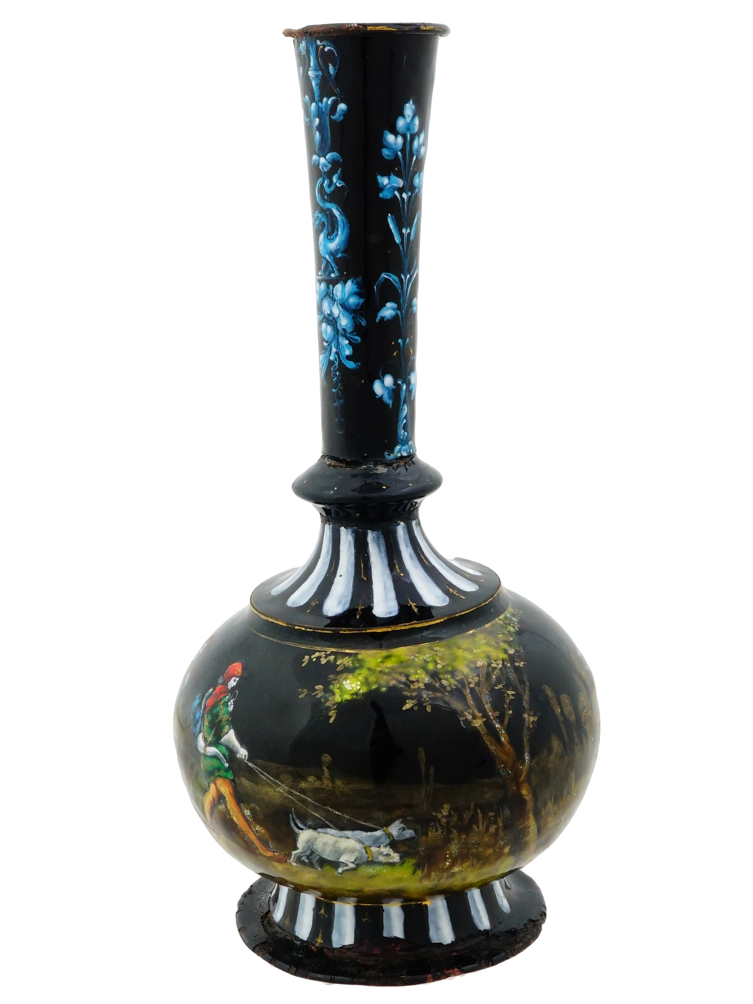 ANTIQUE FRENCH LIMOGES ENAMEL HUNTING SCENE VASE