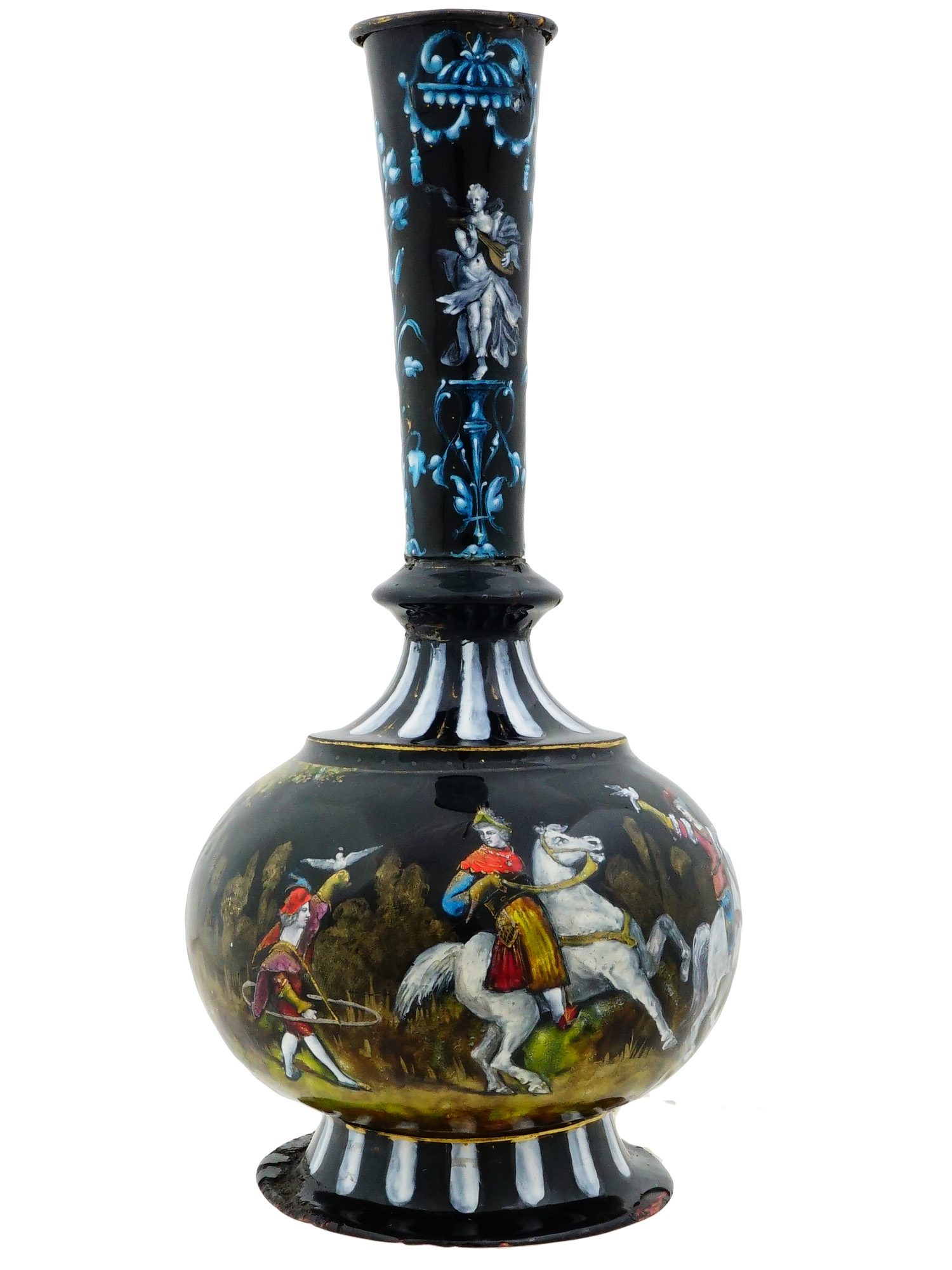 ANTIQUE FRENCH LIMOGES ENAMEL HUNTING SCENE VASE