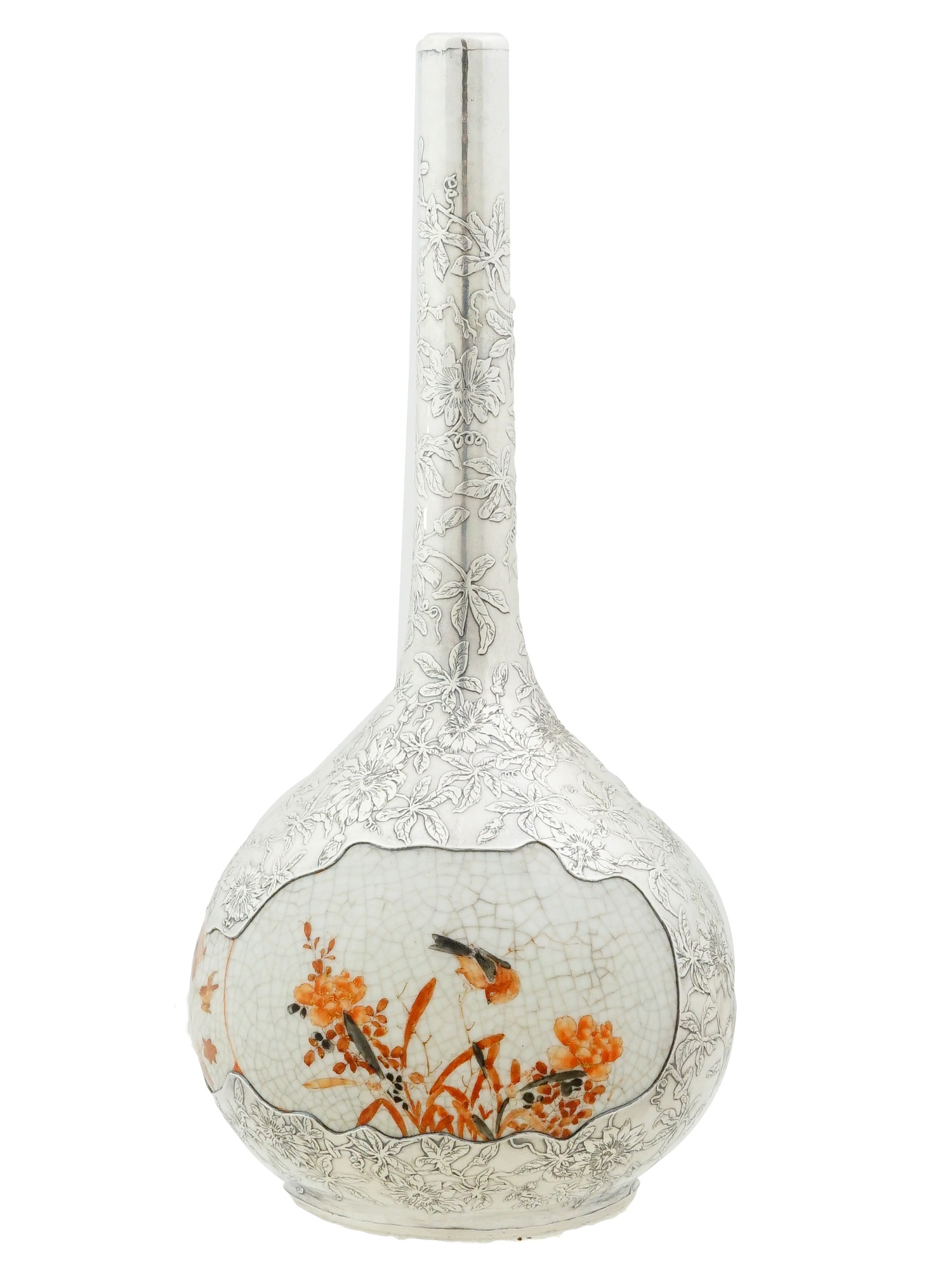 ANTIQUE JAPANESE KUTANI PORCELAIN SILVER OVERLAY VASE
