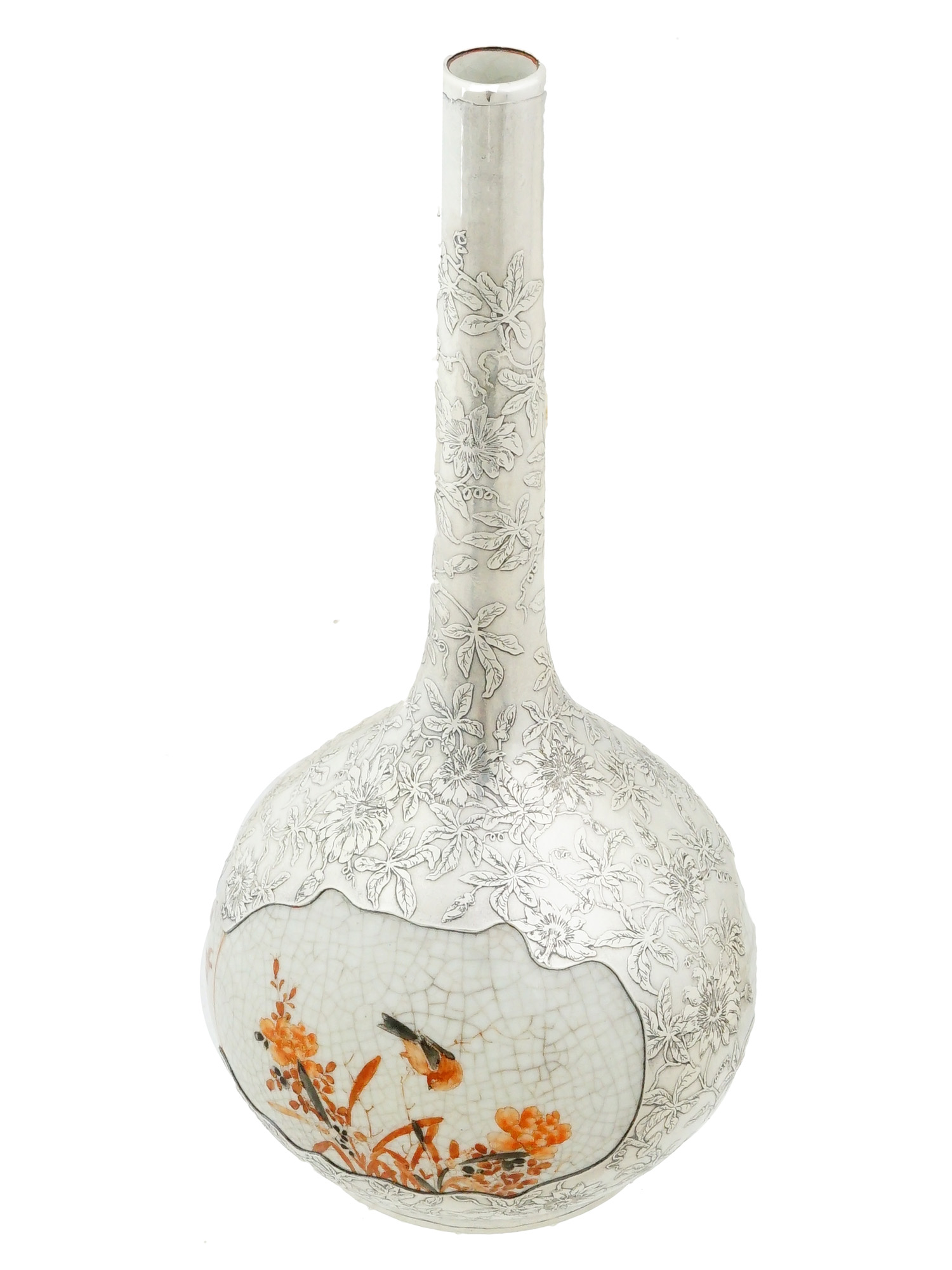 ANTIQUE JAPANESE KUTANI PORCELAIN SILVER OVERLAY VASE
