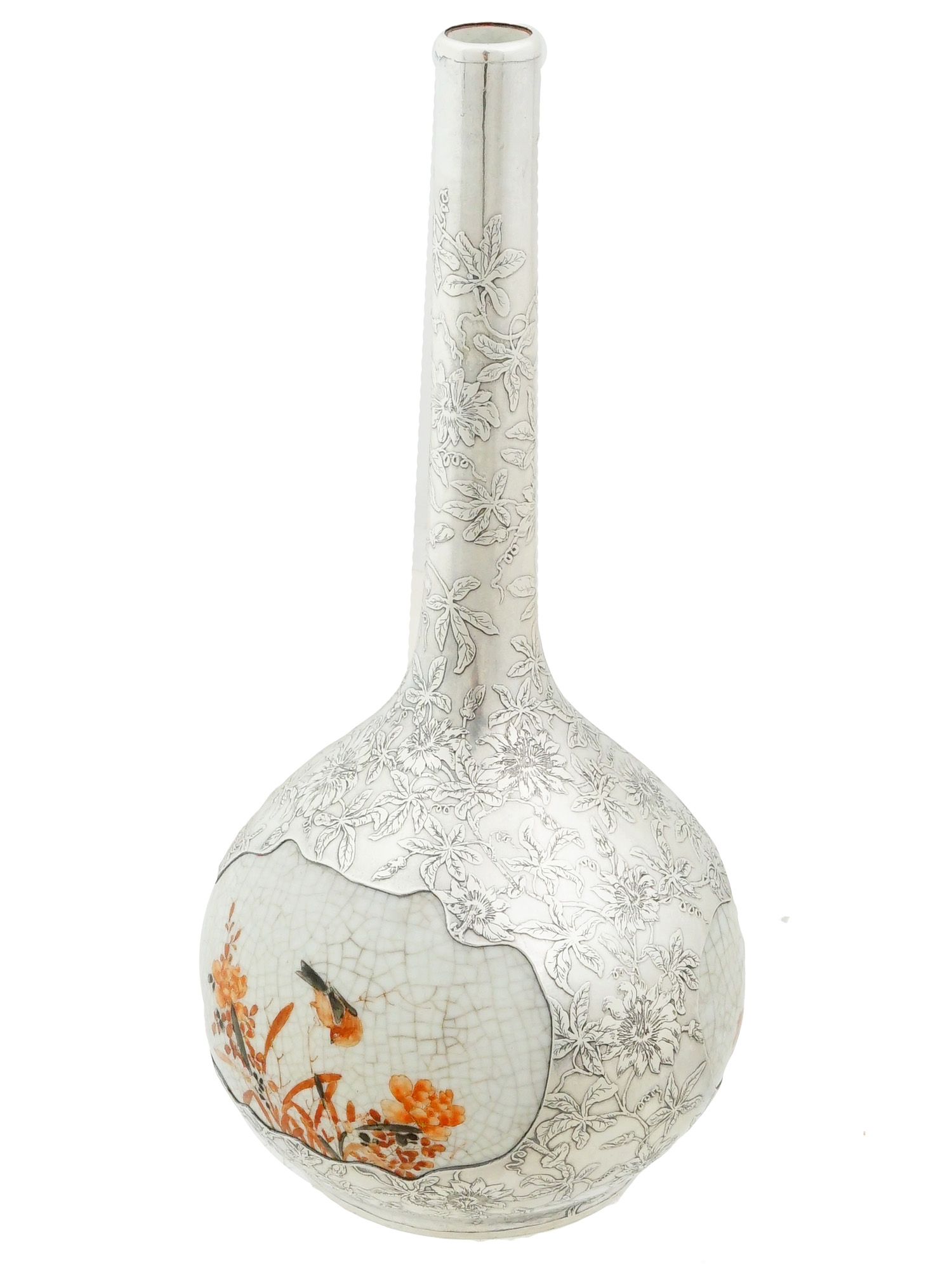 ANTIQUE JAPANESE KUTANI PORCELAIN SILVER OVERLAY VASE