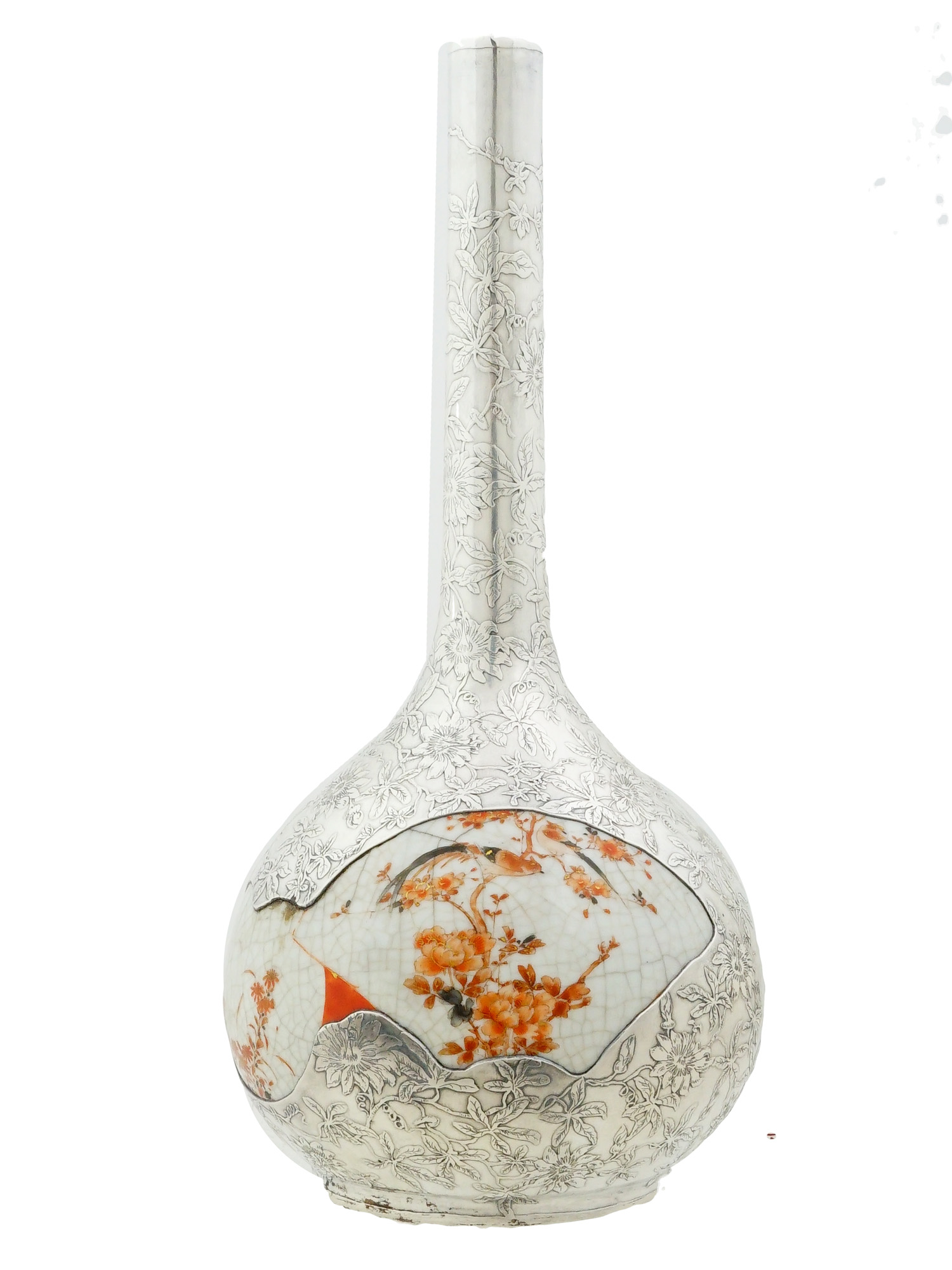 ANTIQUE JAPANESE KUTANI PORCELAIN SILVER OVERLAY VASE