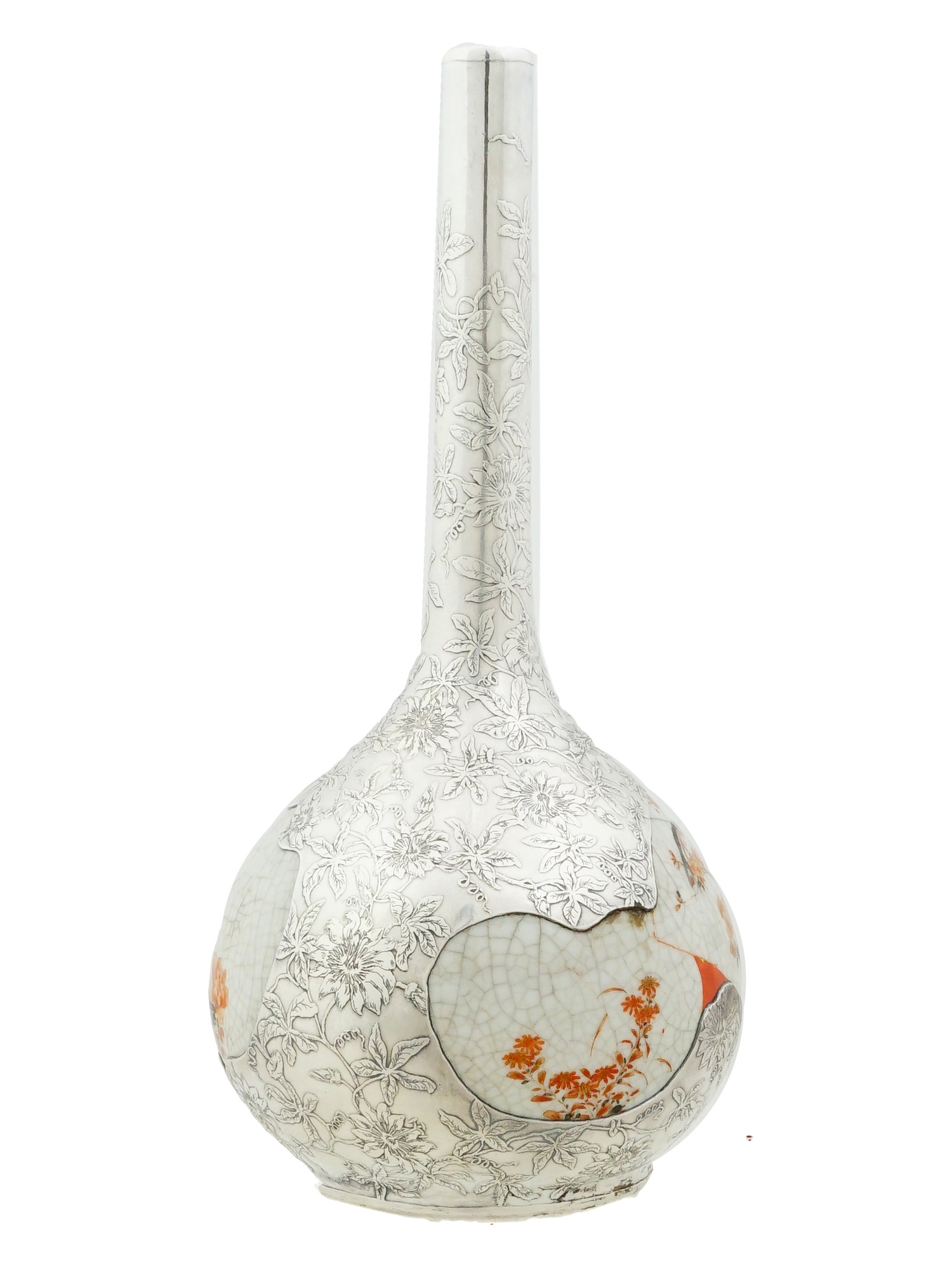 ANTIQUE JAPANESE KUTANI PORCELAIN SILVER OVERLAY VASE
