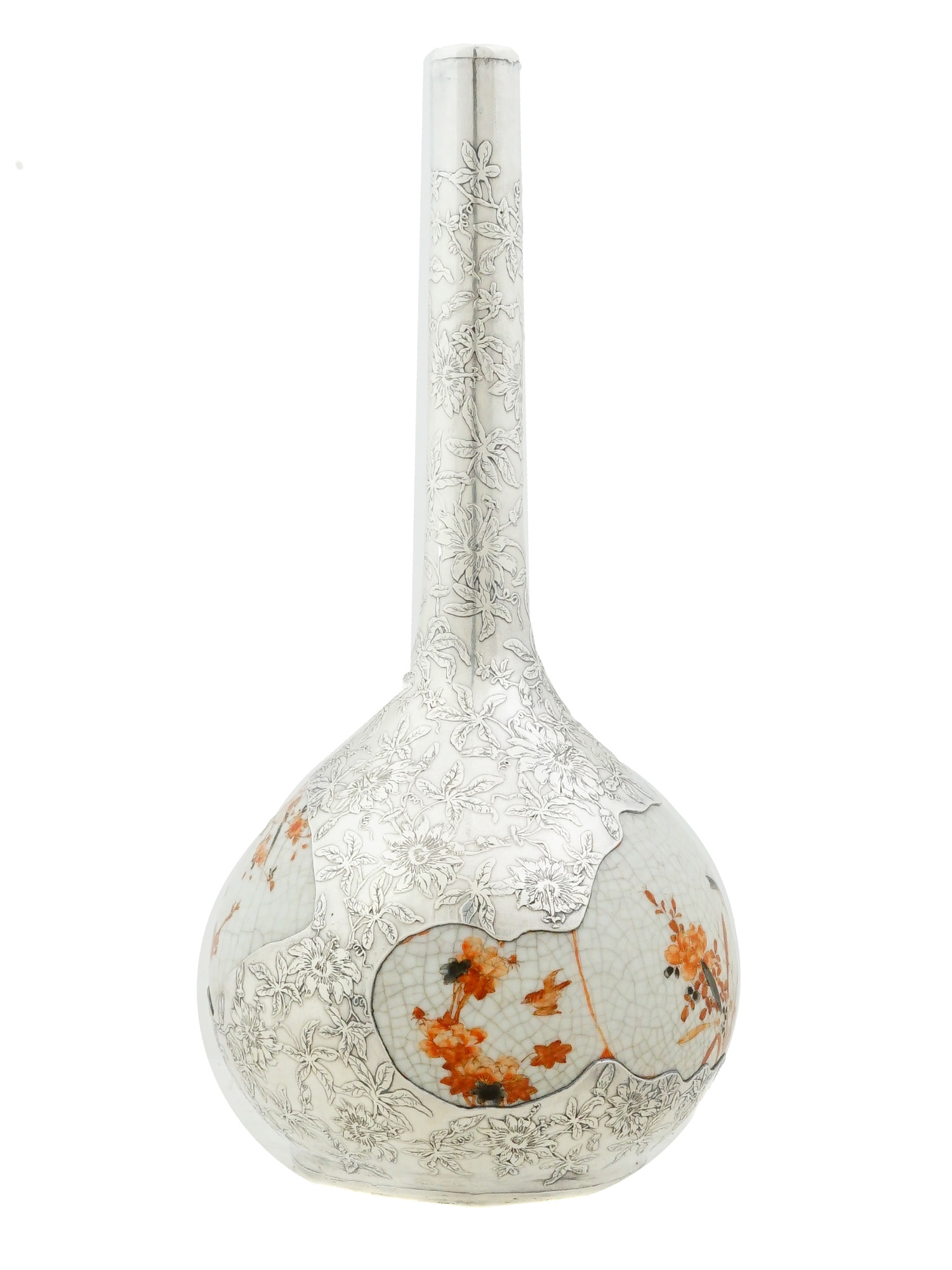 ANTIQUE JAPANESE KUTANI PORCELAIN SILVER OVERLAY VASE