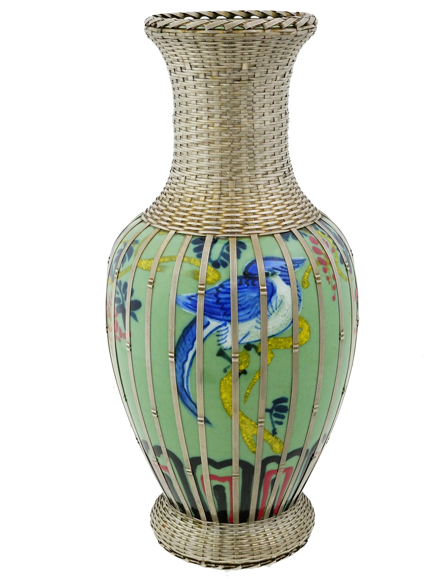 JAPANESE STYLE PORCELAIN BASKET SILVER OVERLAY VASE