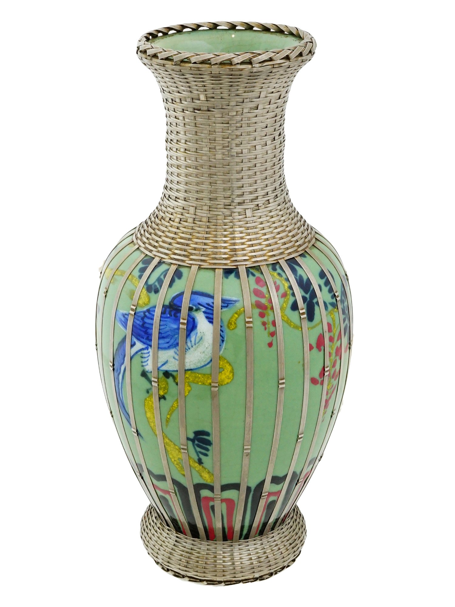JAPANESE STYLE PORCELAIN BASKET SILVER OVERLAY VASE