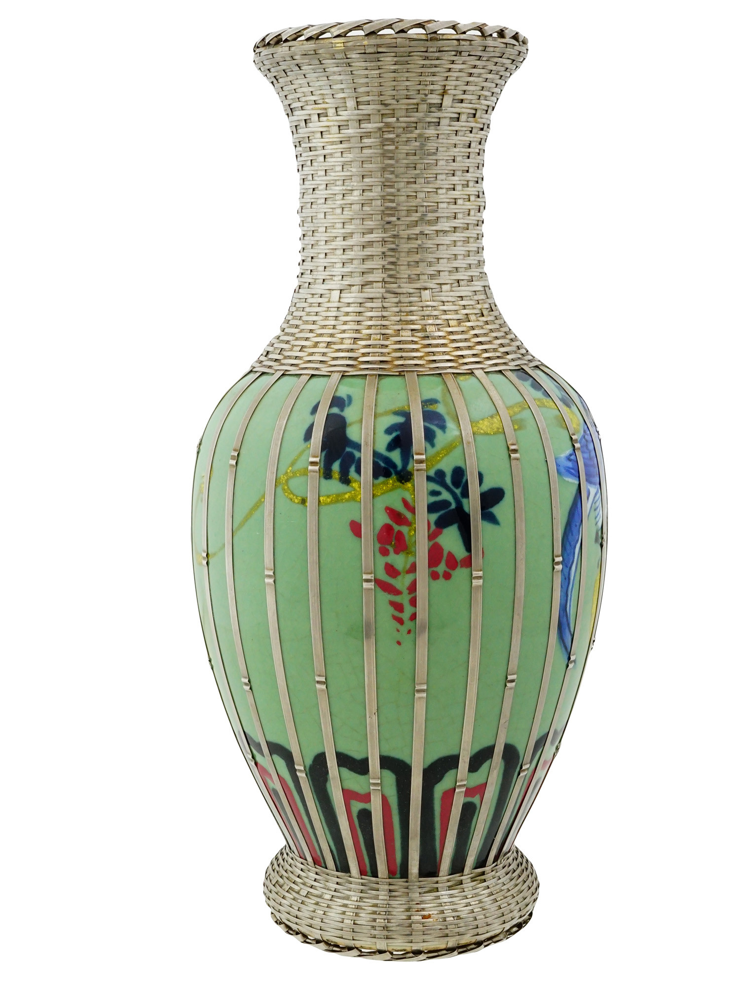 JAPANESE STYLE PORCELAIN BASKET SILVER OVERLAY VASE