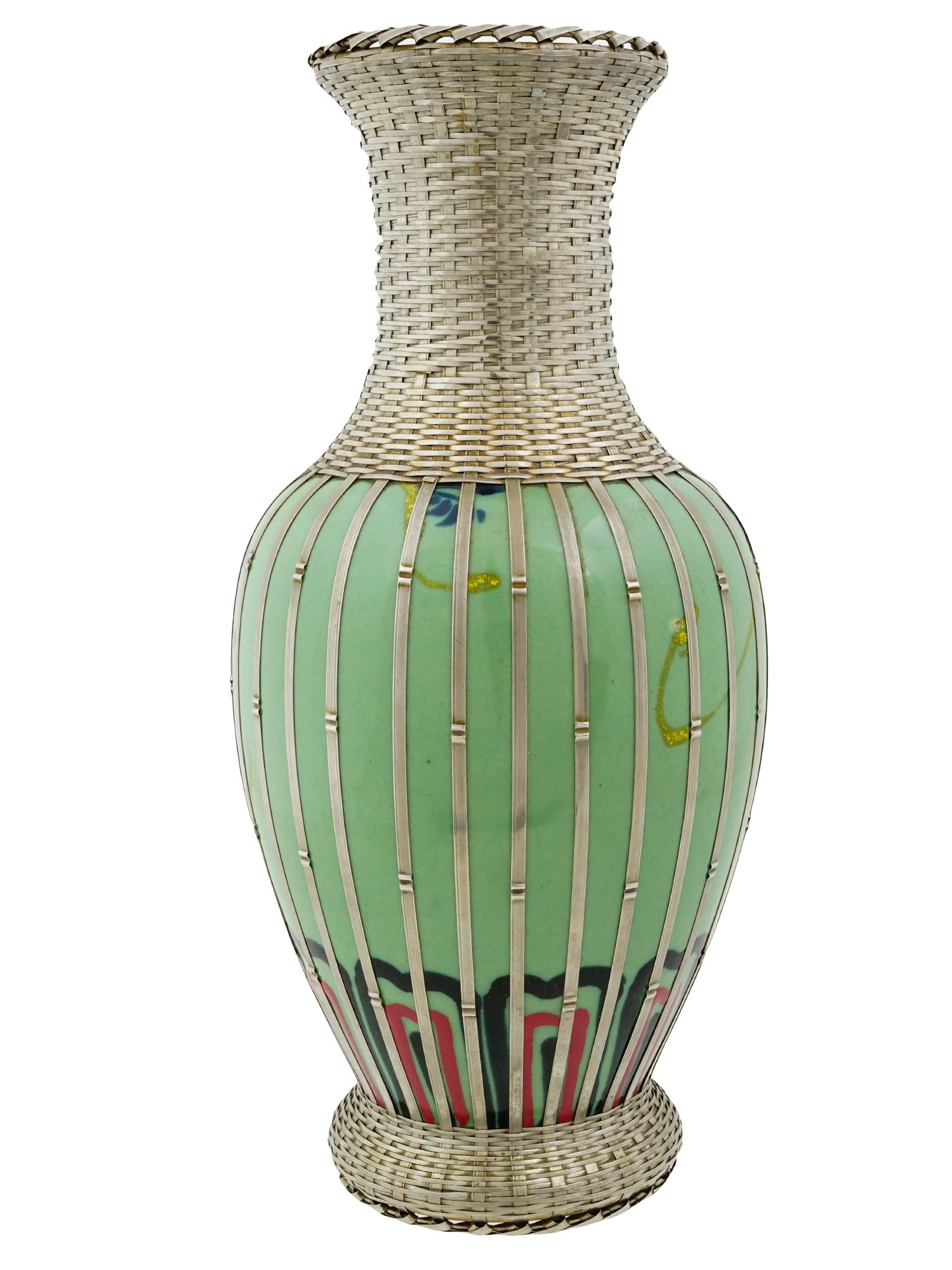 JAPANESE STYLE PORCELAIN BASKET SILVER OVERLAY VASE