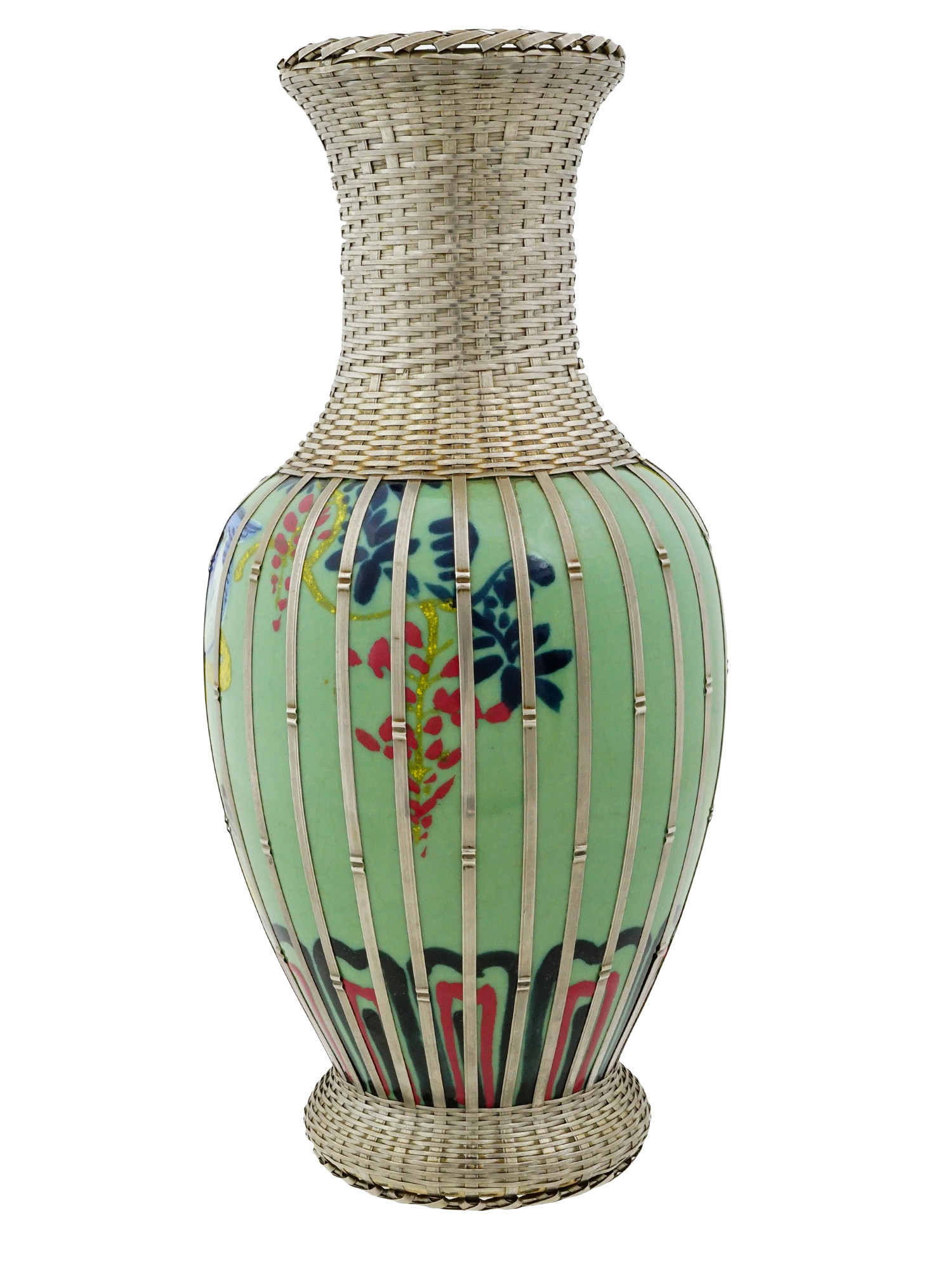 JAPANESE STYLE PORCELAIN BASKET SILVER OVERLAY VASE
