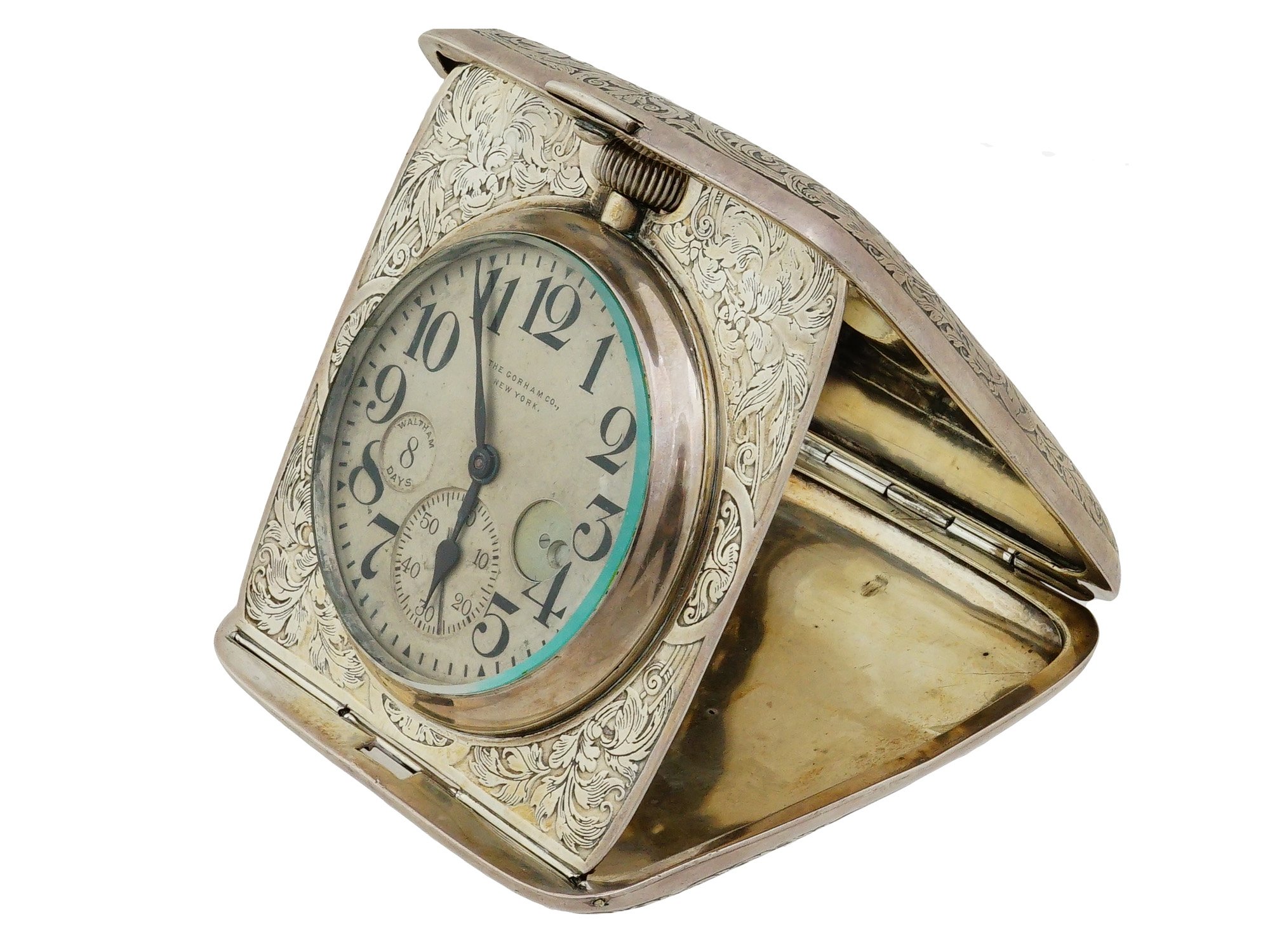 EARLY 20TH C GORHAM SILVER 8 DAYS TRAVEL CLOCK