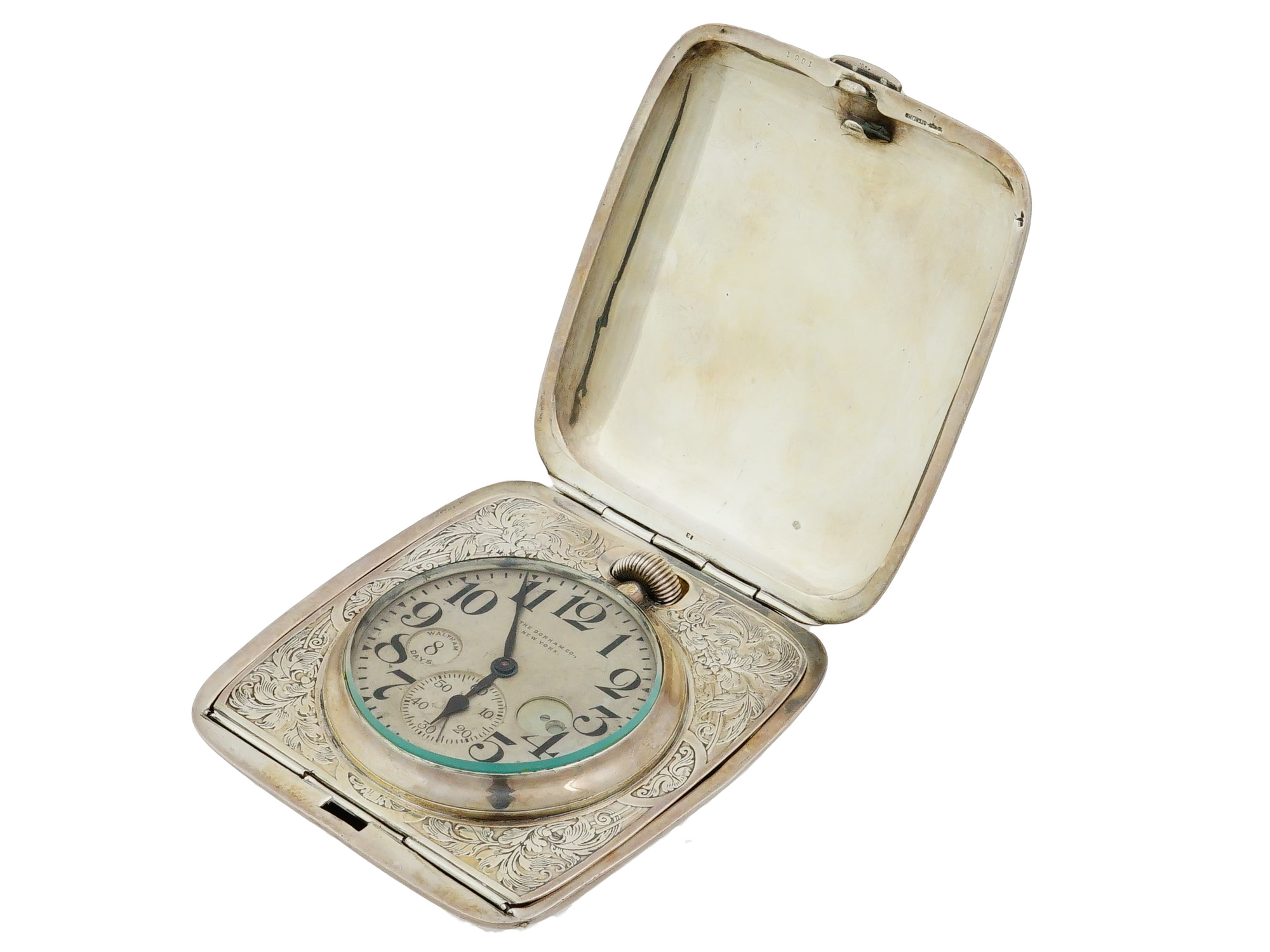 EARLY 20TH C GORHAM SILVER 8 DAYS TRAVEL CLOCK