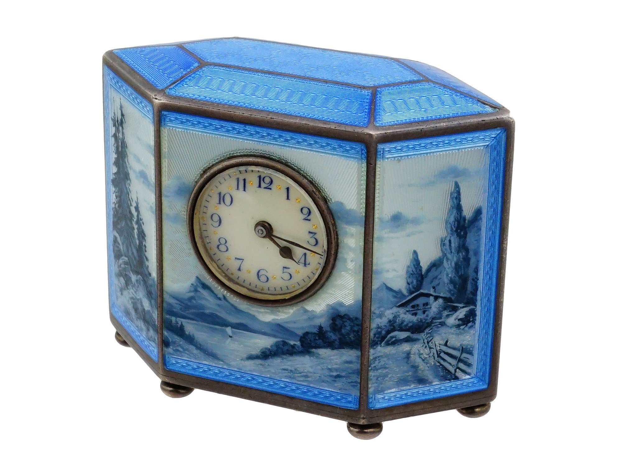 SWISS ART DECO SILVER GUILLOCHE ENAMEL CLOCK RICHARD RUSCH