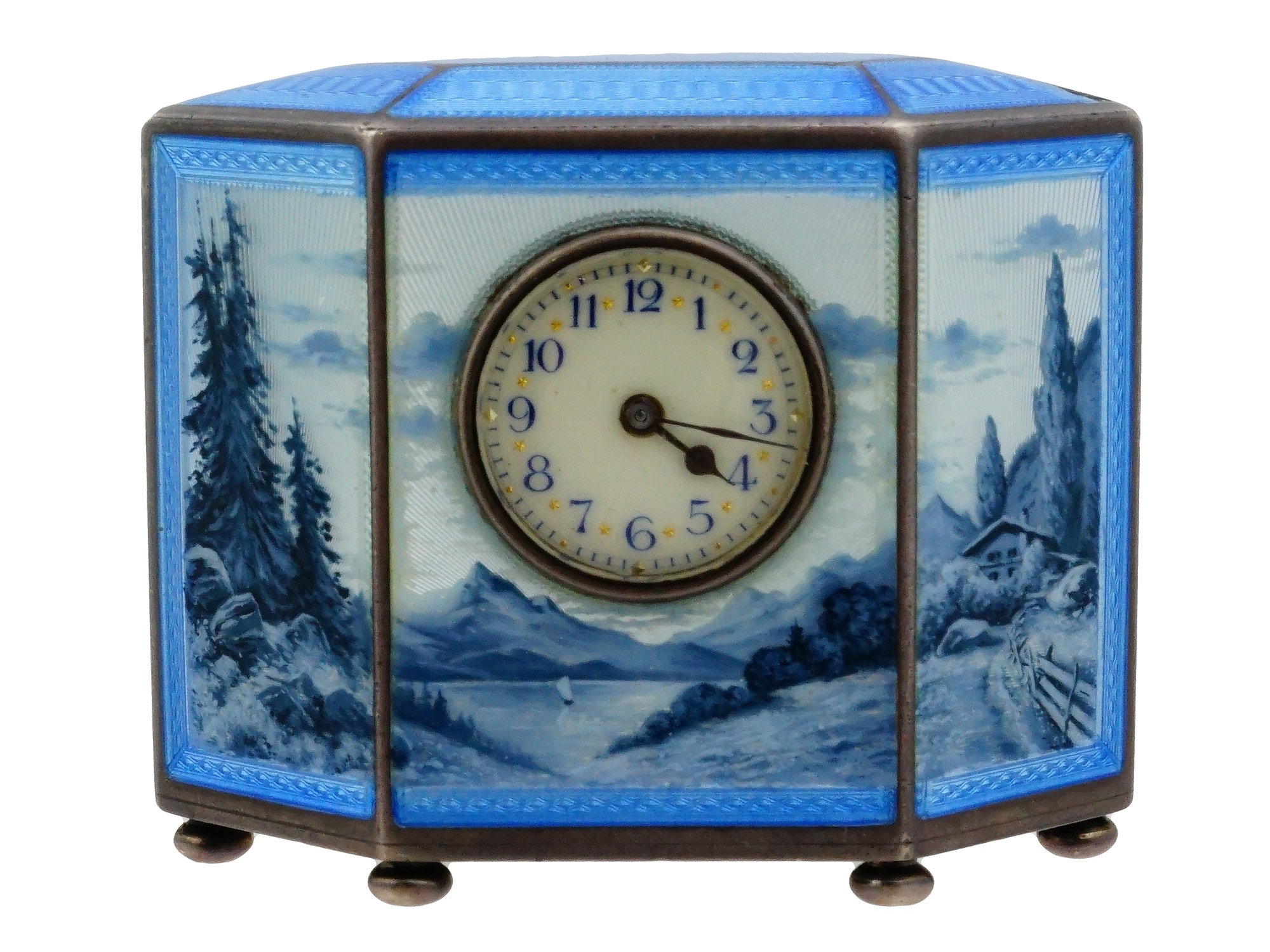 SWISS ART DECO SILVER GUILLOCHE ENAMEL CLOCK RICHARD RUSCH