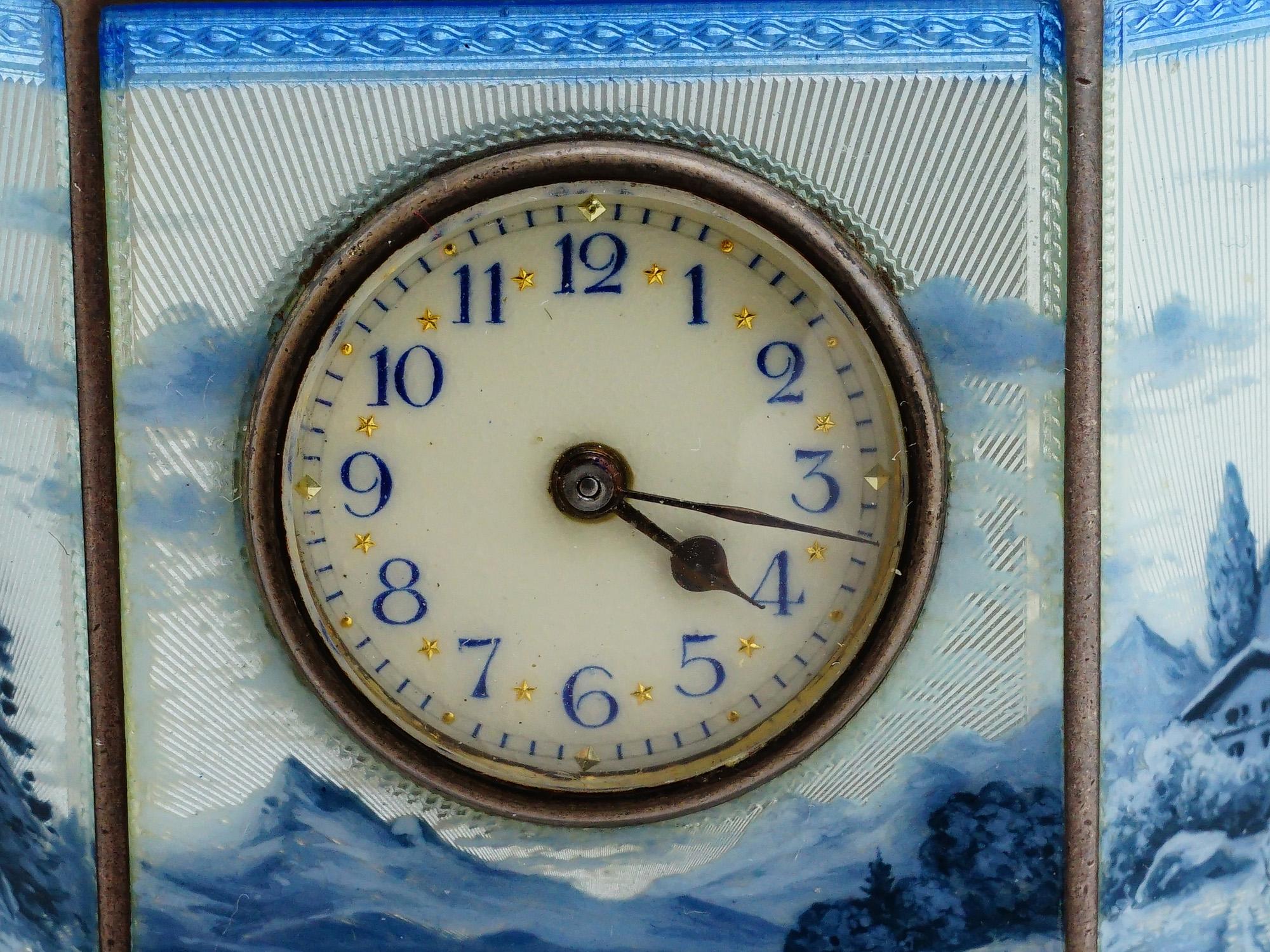 SWISS ART DECO SILVER GUILLOCHE ENAMEL CLOCK RICHARD RUSCH