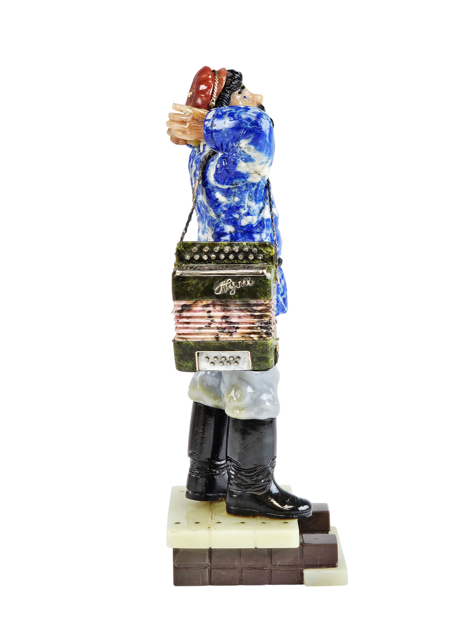 RARE RUSSIAN HAND CARVED HARDSTONE ACCORDION PLAYER