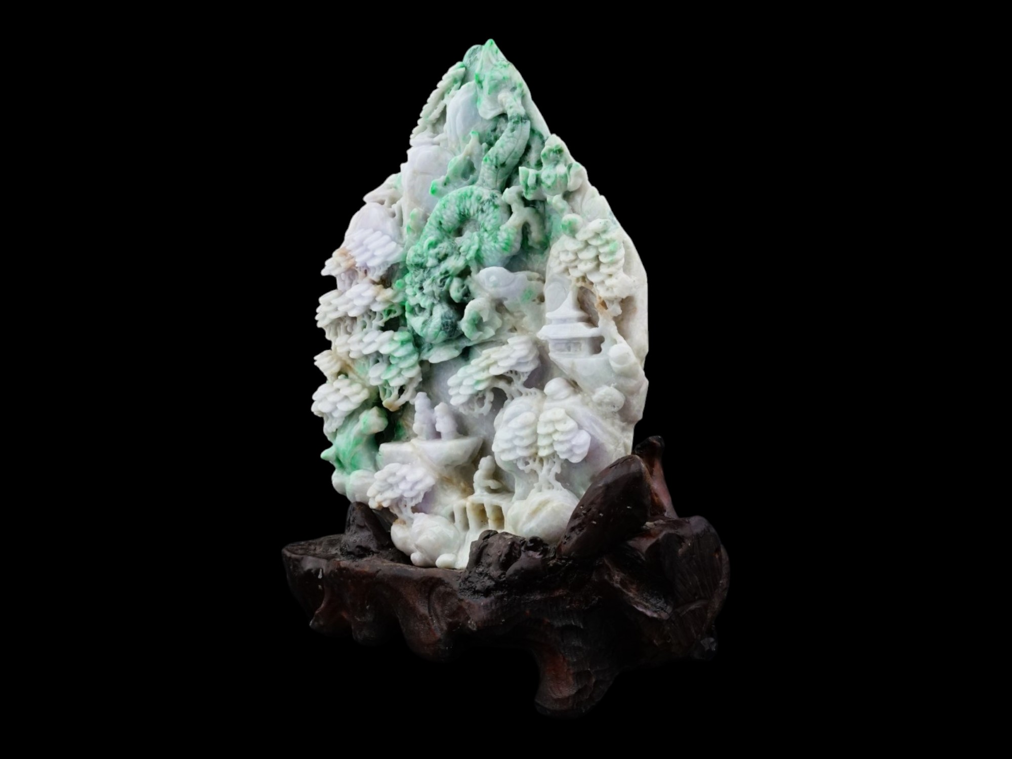 ANTIQUE CHINESE QING CARVED JADEITE MODEL WITH STAND