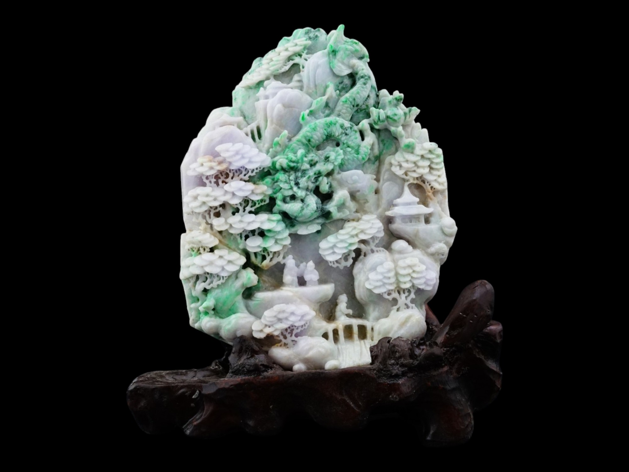 ANTIQUE CHINESE QING CARVED JADEITE MODEL WITH STAND