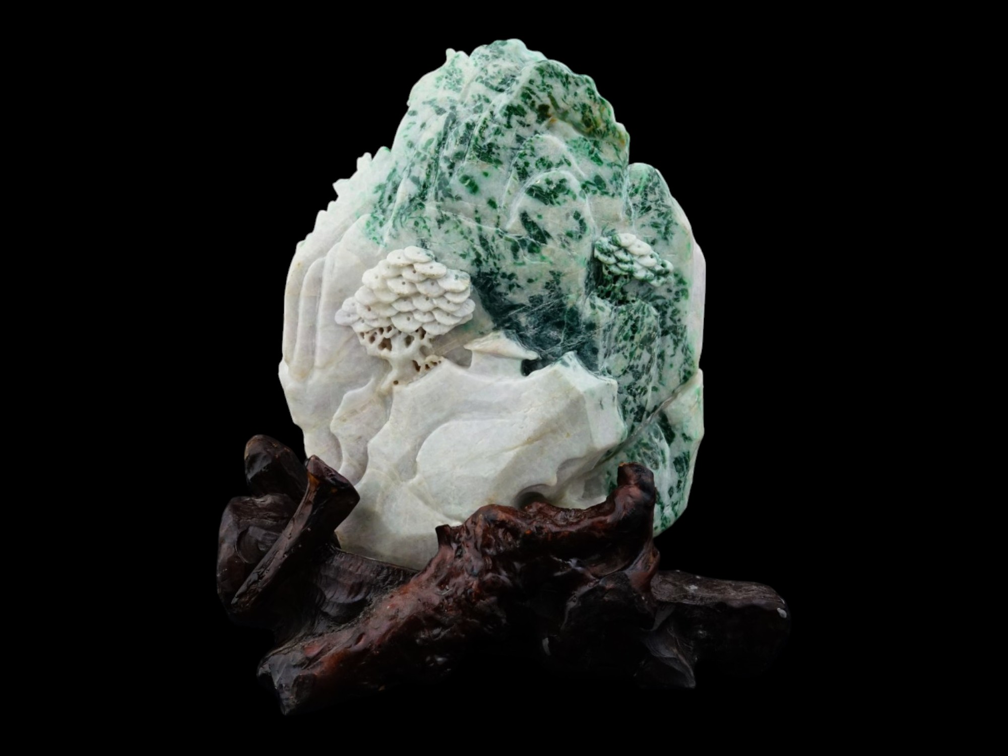 ANTIQUE CHINESE QING CARVED JADEITE MODEL WITH STAND