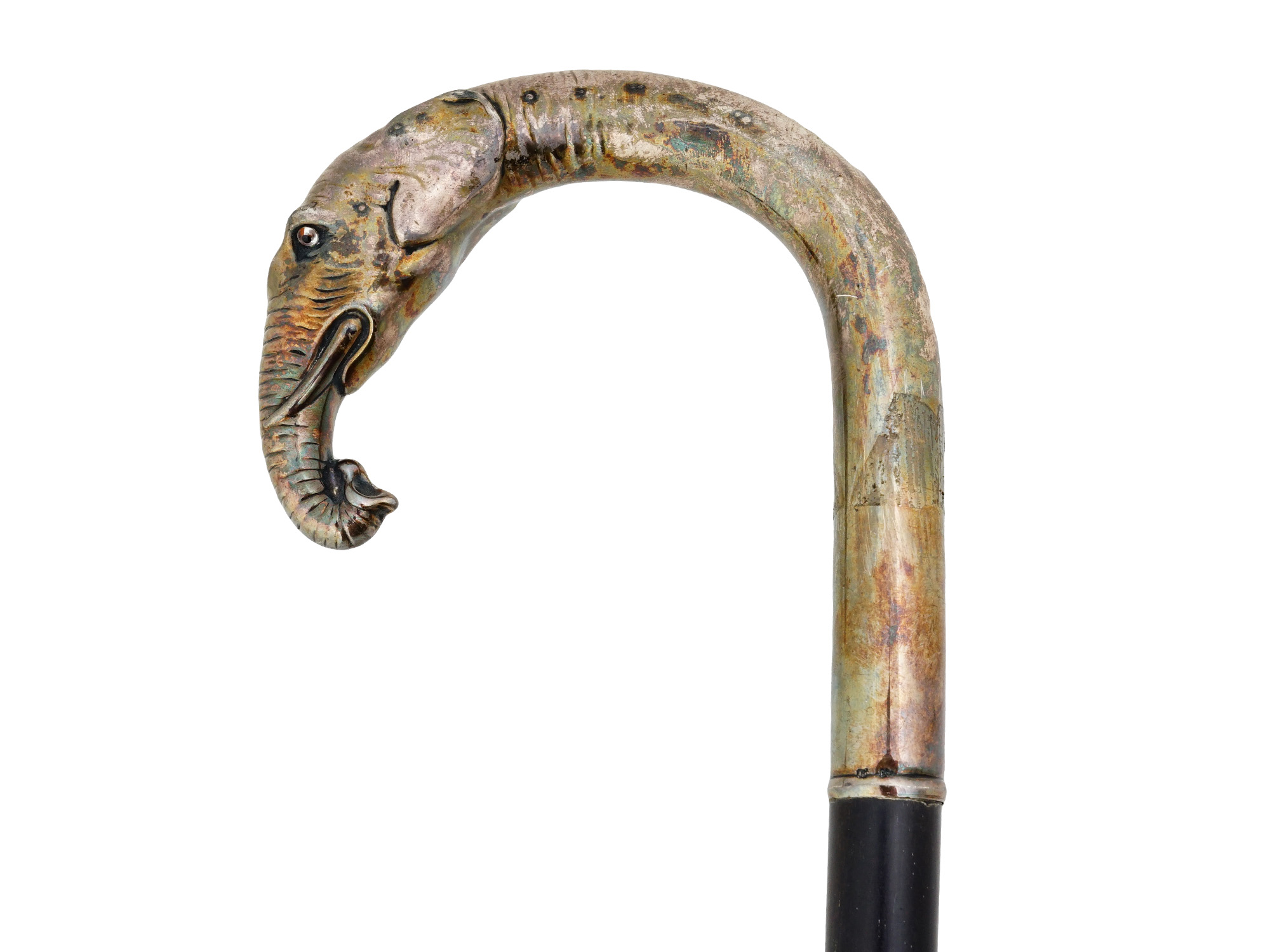 WALKING CANE WITH A SILVER ELEPHANT HEAD HANDLE