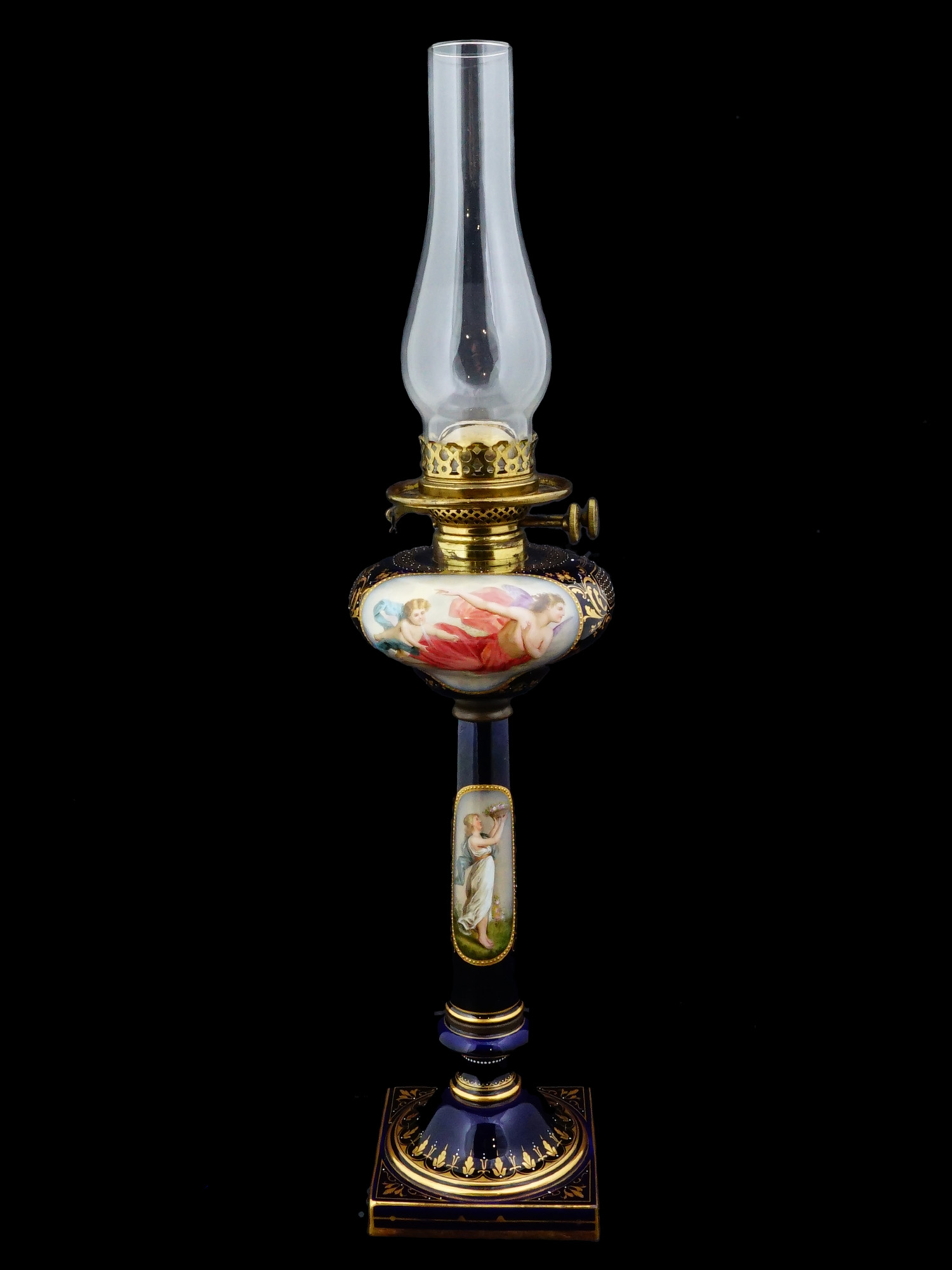 ANTIQUE ROYAL VIENNA COBALT BLUE PORCELAIN OIL LAMP